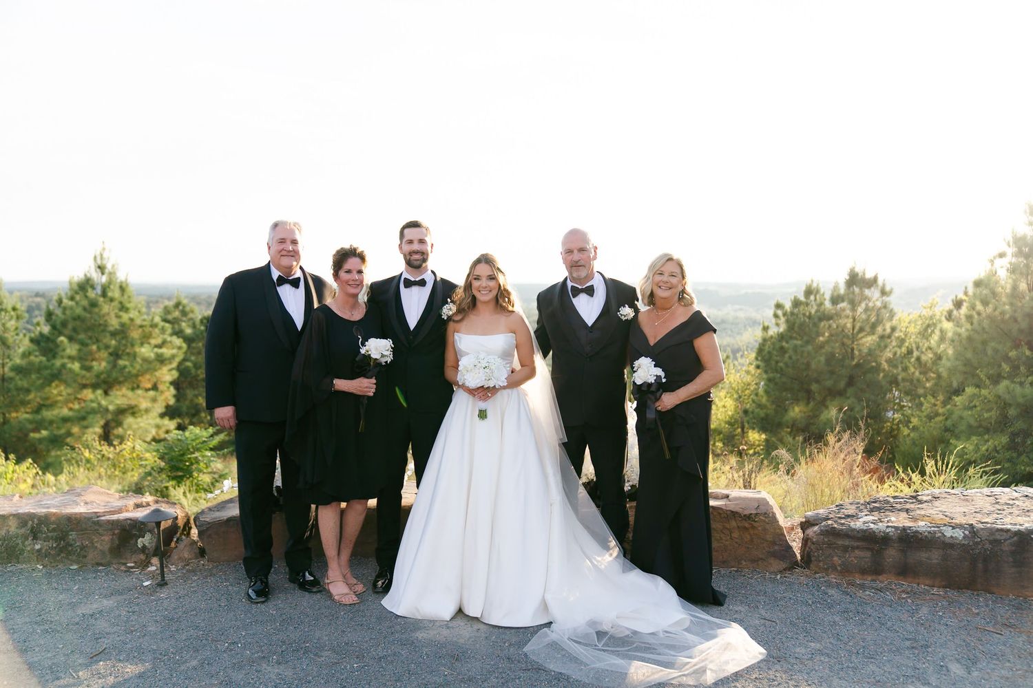 A wedding party poses together outdoors on a sunny day with scenic mountain views in the background.