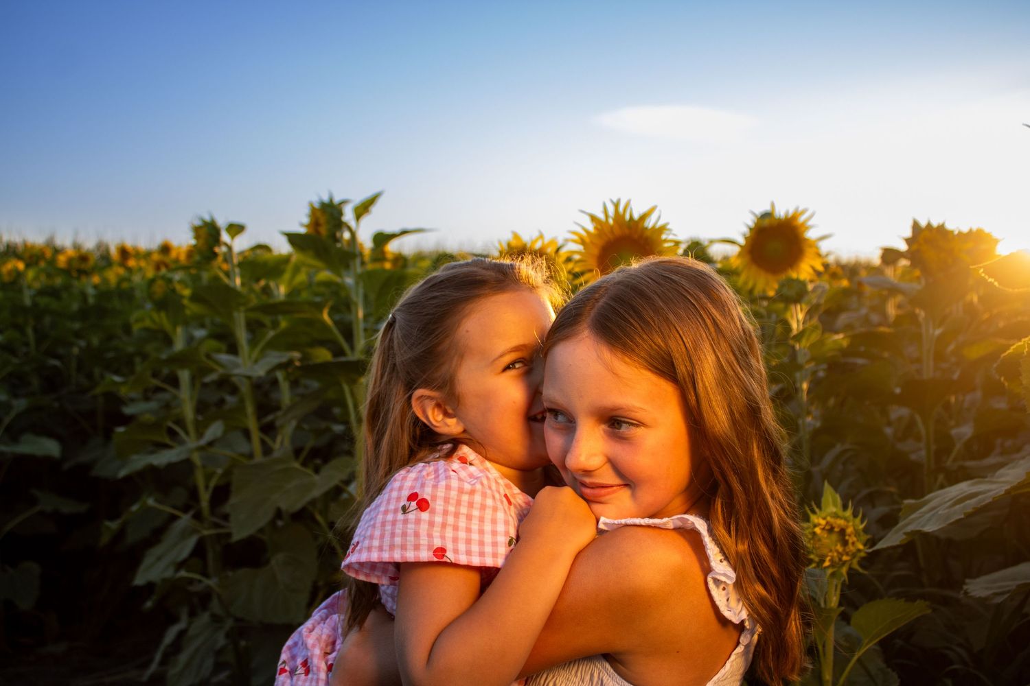 Two people share a joyful embrace in a sunflower field at golden hour.
