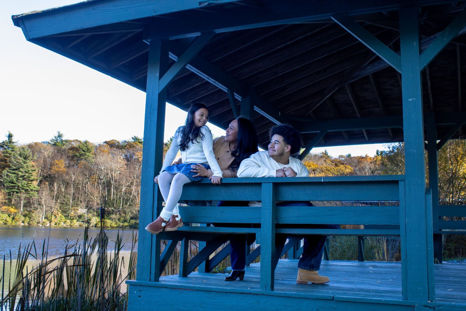Blue wooden dock extending over calm water with trees in background.