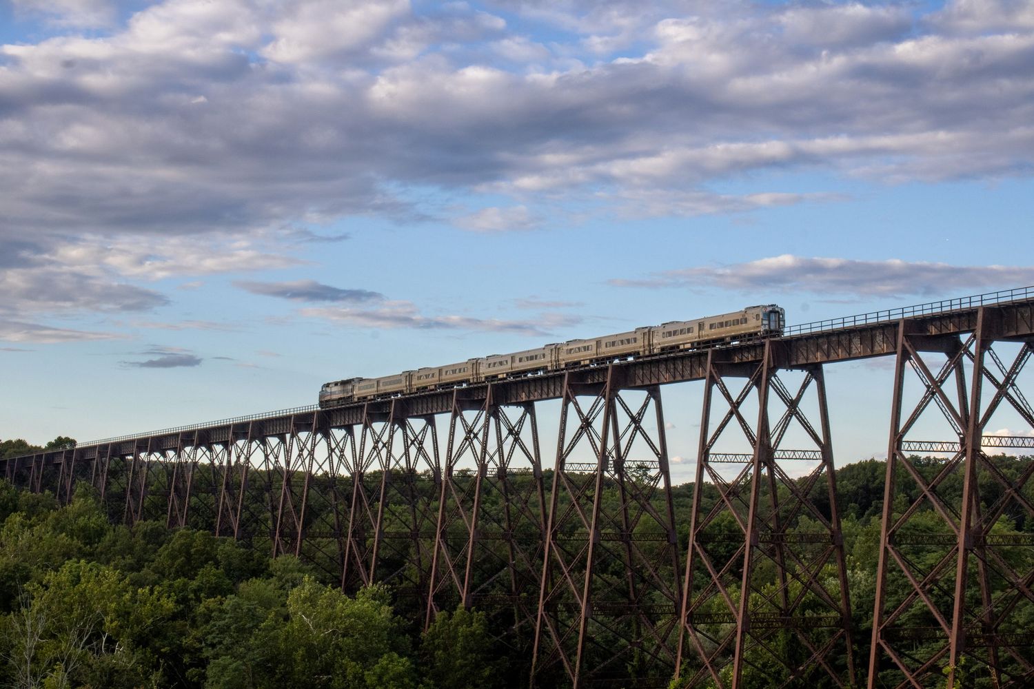 Historic railroad trestle bridge stretches across valley under cloudy summer sky.