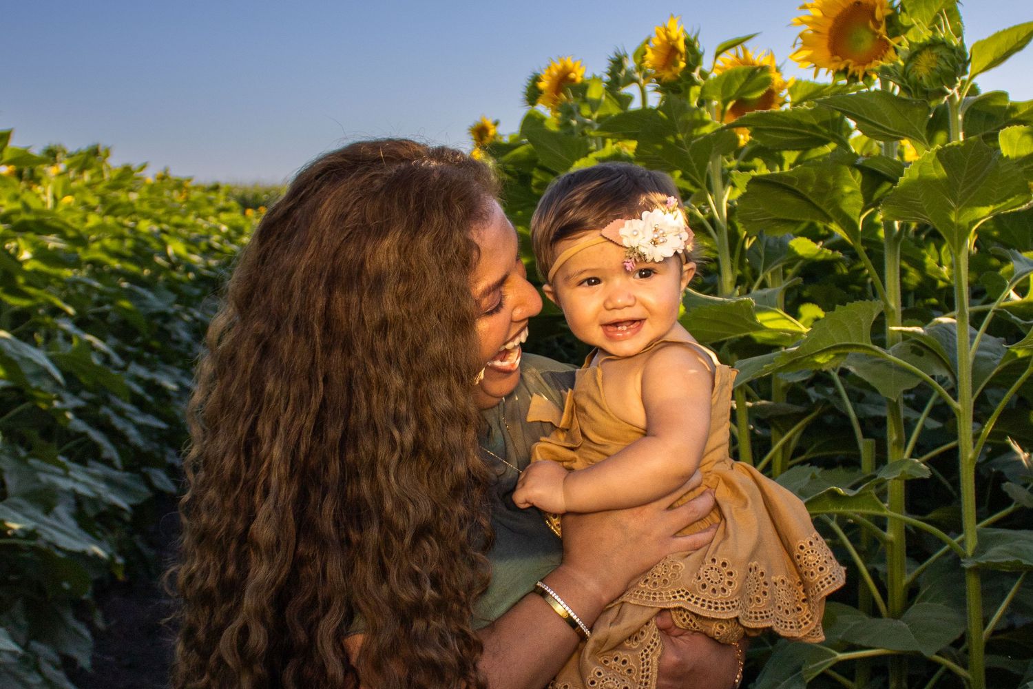 A heartwarming moment captured between two people in a sunflower field during golden hour.
