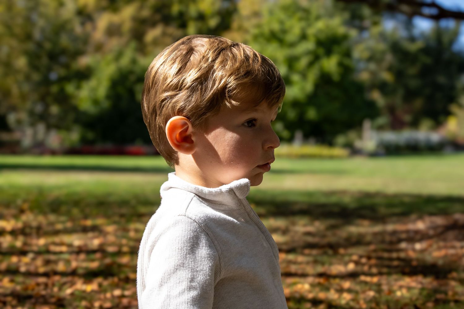 Young child in white shirt looking to the side on an autumn day with fallen leaves in background.