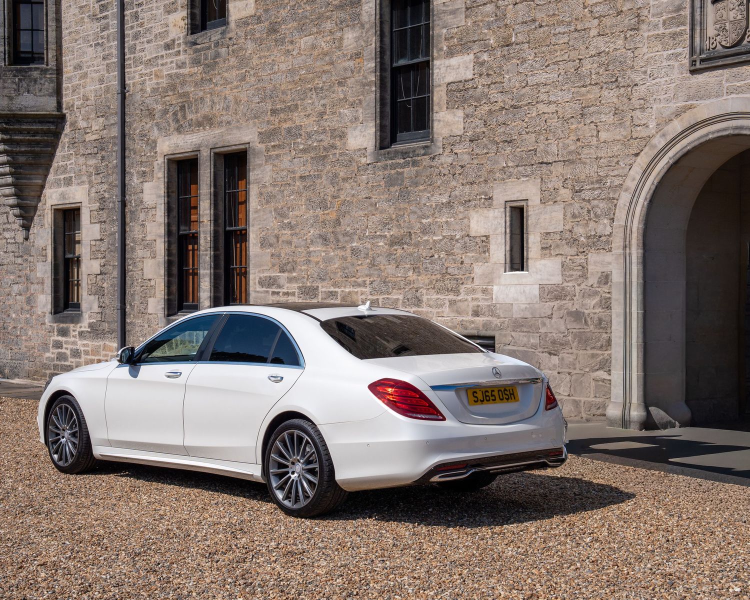Wedding car the mercedes s class parked outside barnbougle castle in Edinburgh