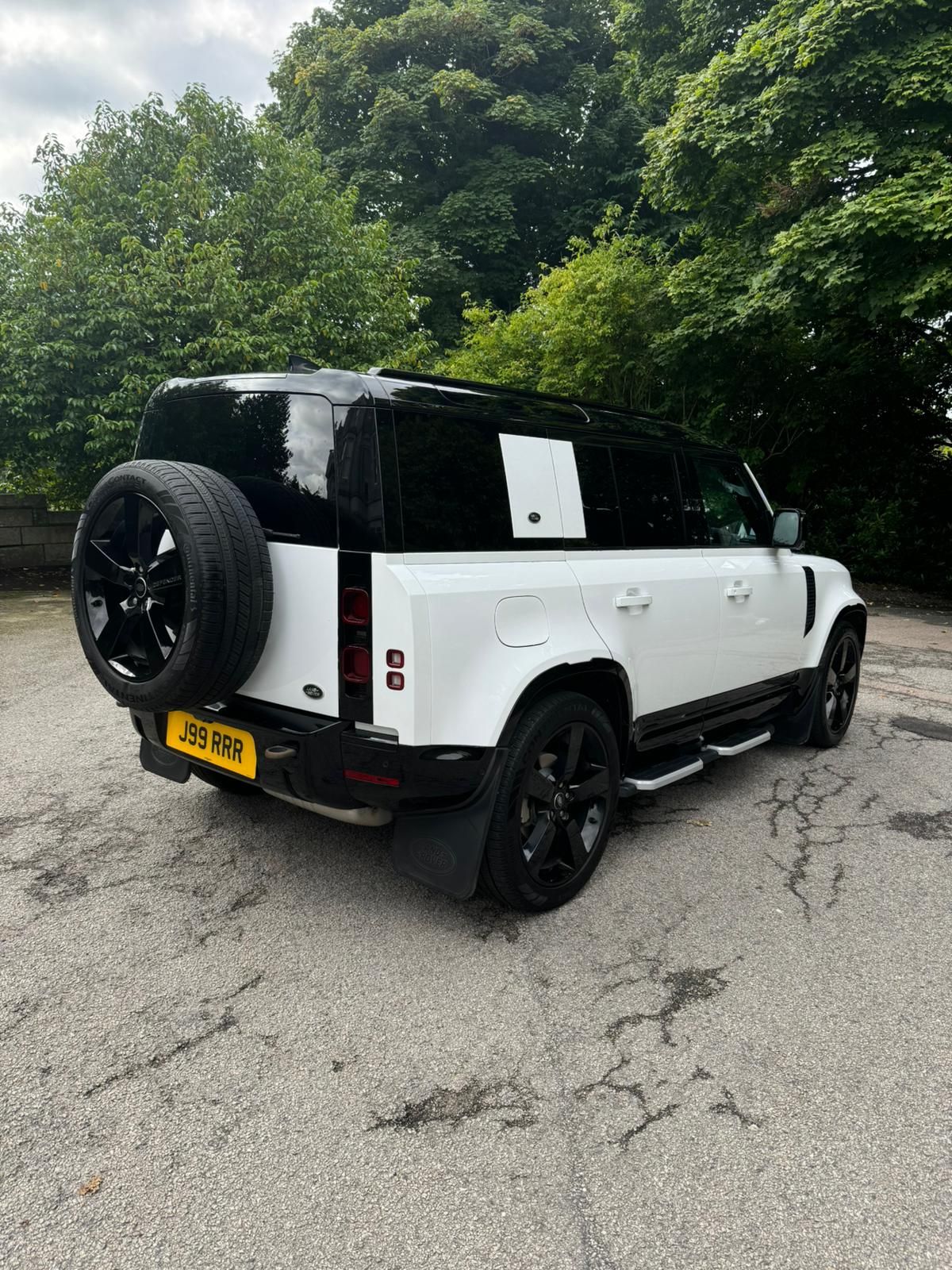 rear view of the Range Rover Defender wedding car