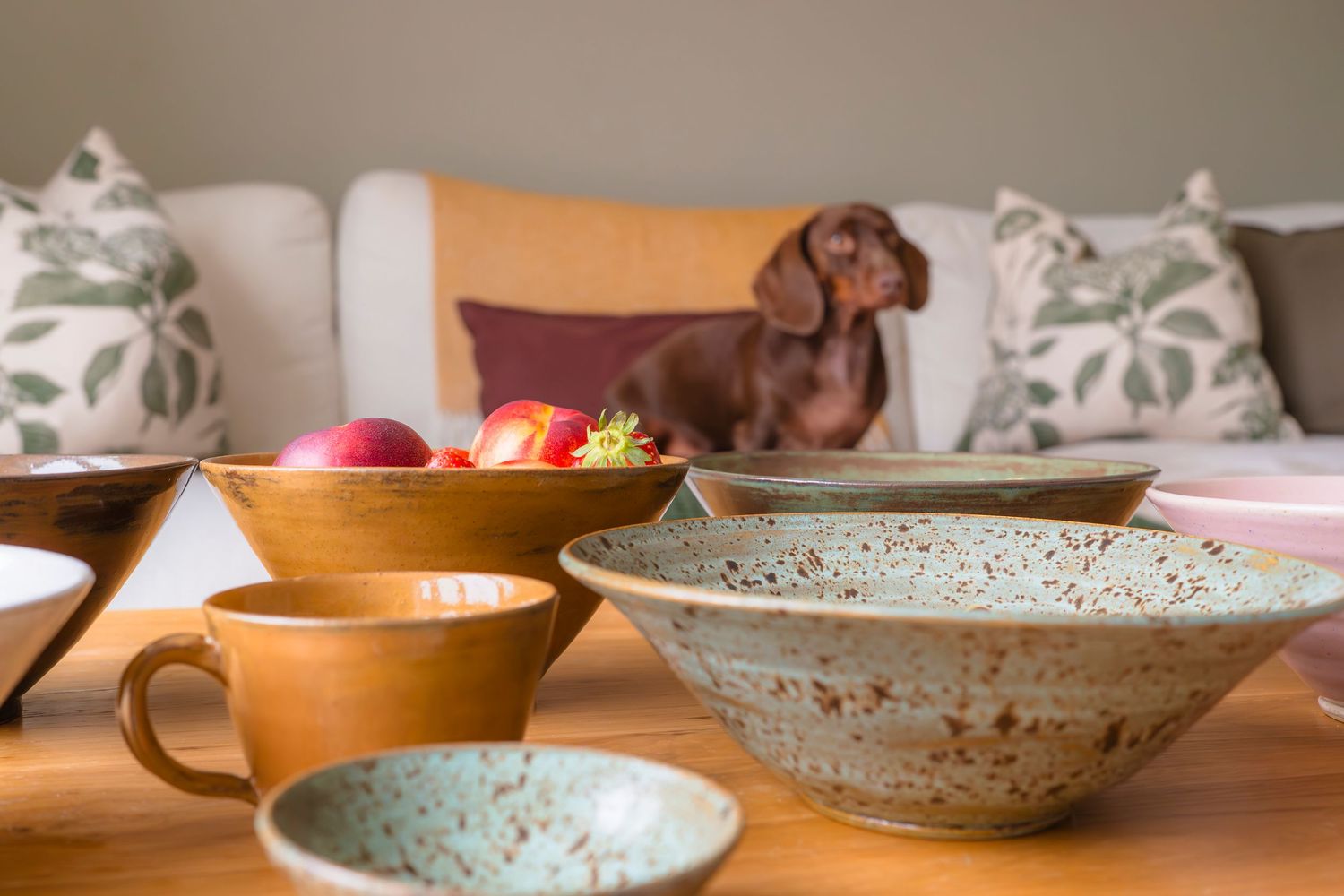 Beautiful hand made speckle bowls filled with lovely fresh fruit to show how they would look in your home. lifestyle session