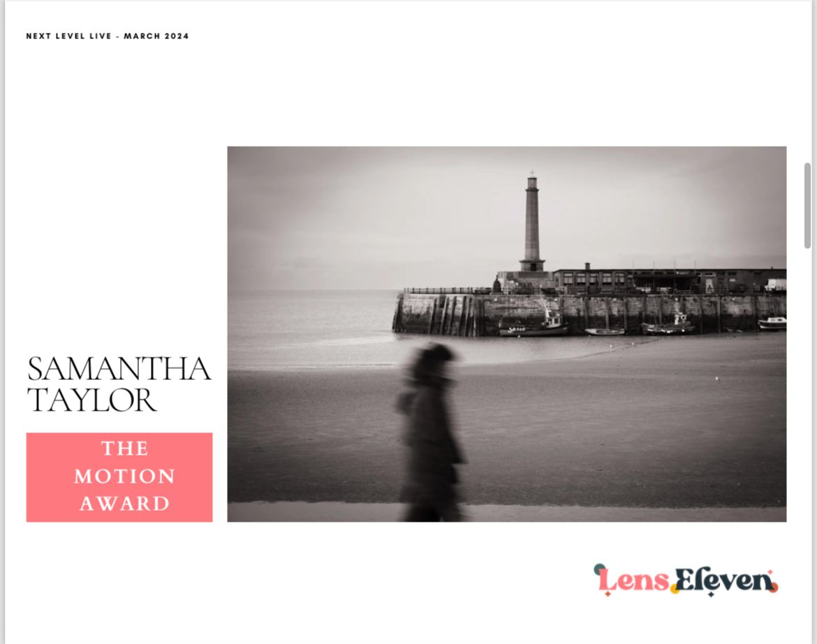 The Motion Award for Samantha Taylor at shorely a memory photography awarded for a b&w image of a person walking past Margate arm.
