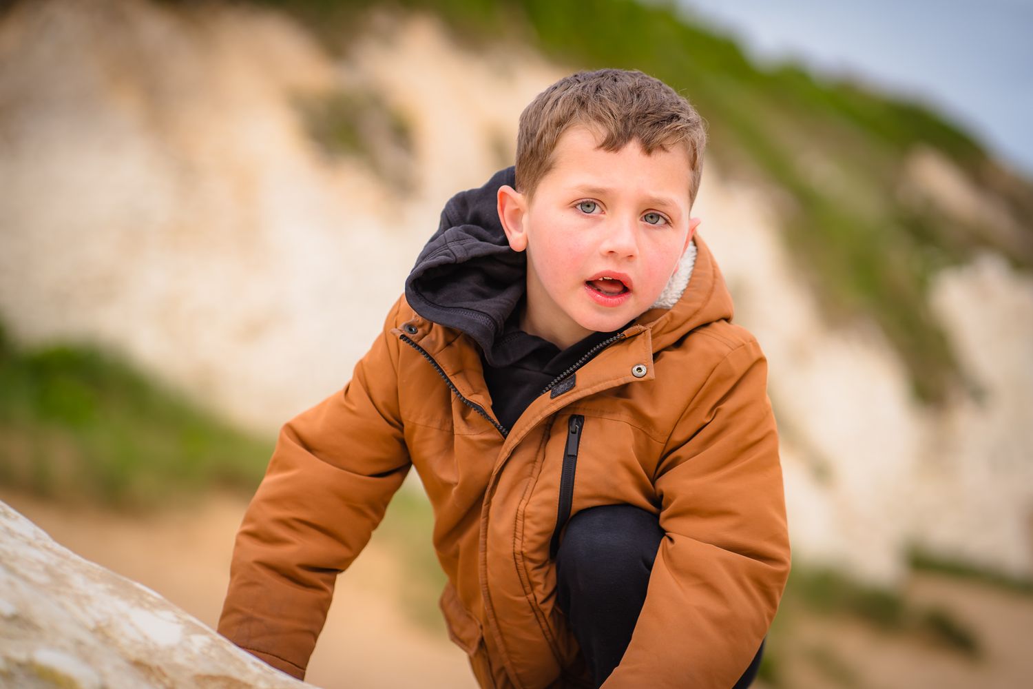 Portrait shot of a boy at a beach photo session at Botany Bay in Thanet with Samantha Taylor Photography.
