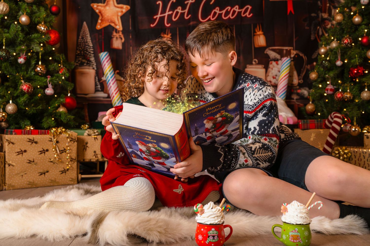 Brother and sister reading a Christmas book with magical sparkles coming out of it at their Cosy Cocoa Christmas Mini session with SAM.
