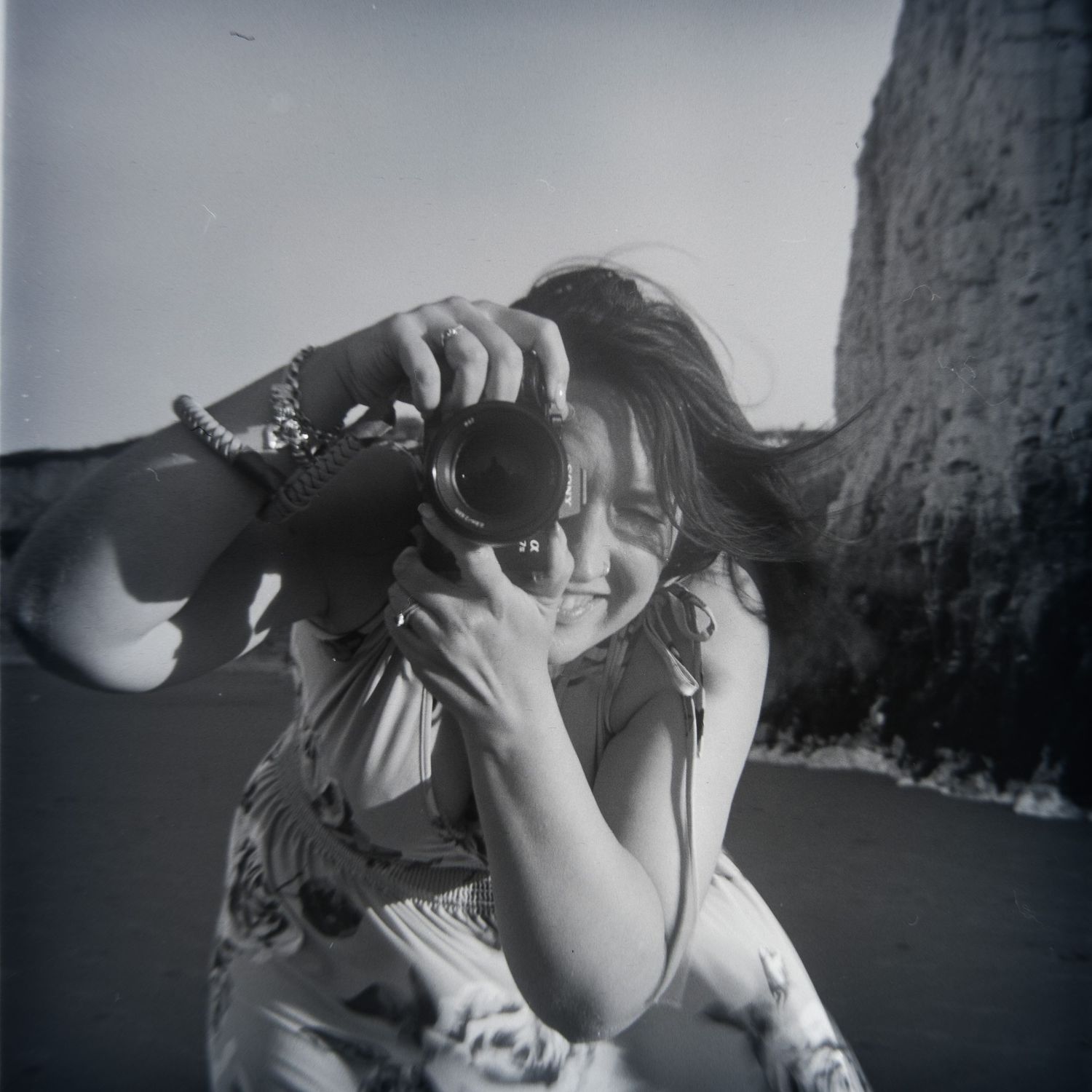 Action shot in black and white portrait of Shorely a memory at Botany Bay in Kent.