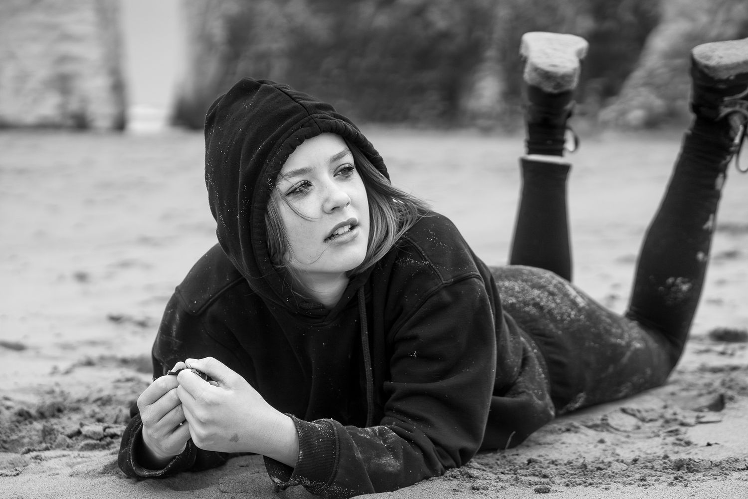 Moody b&w beach portrait of a teenager on Botany Bay Beach on a cold day, with shorely a memory photography in Kent.