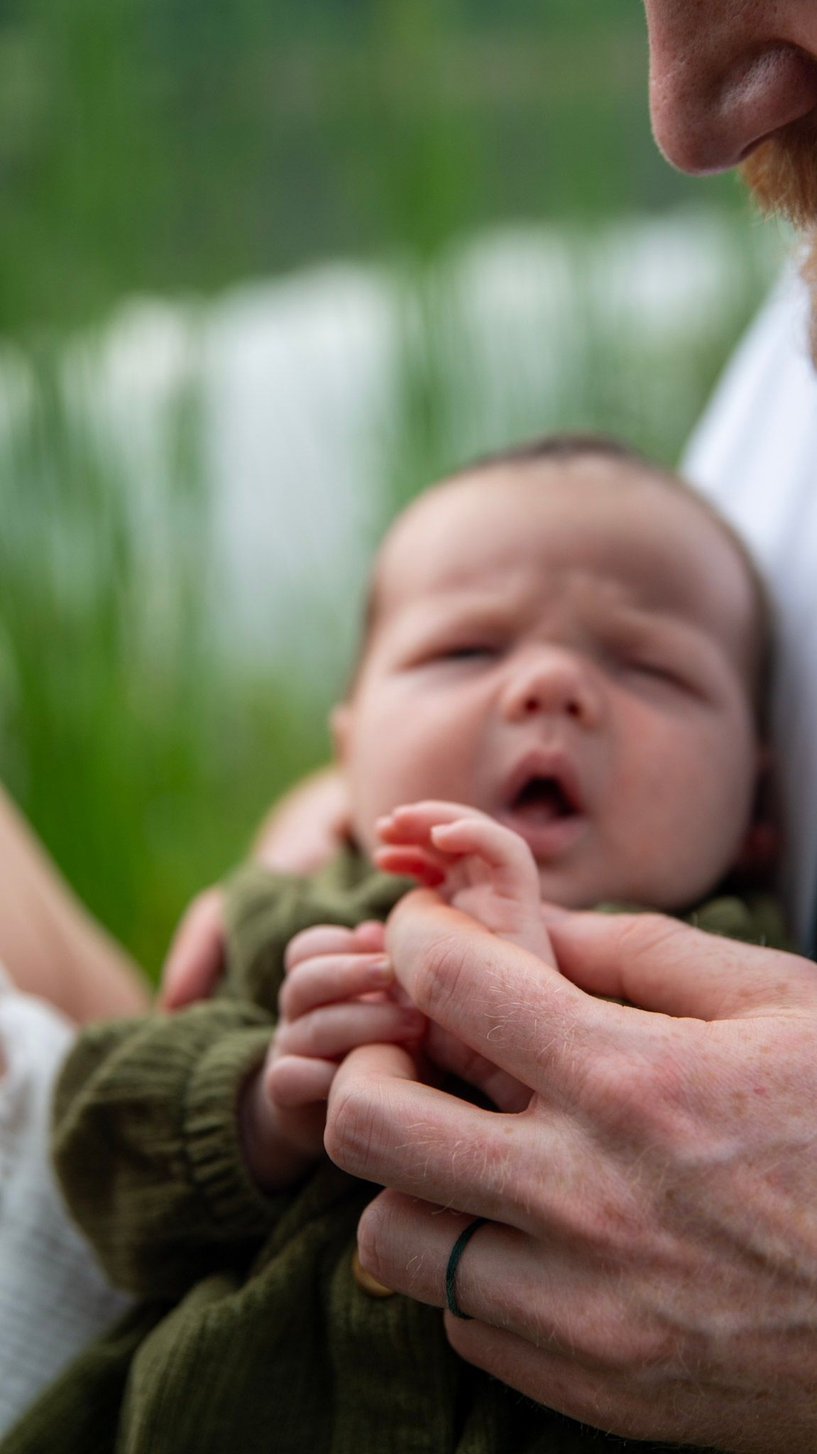Detailed close-up shots of a baby's face and hands against a blurred natural background.