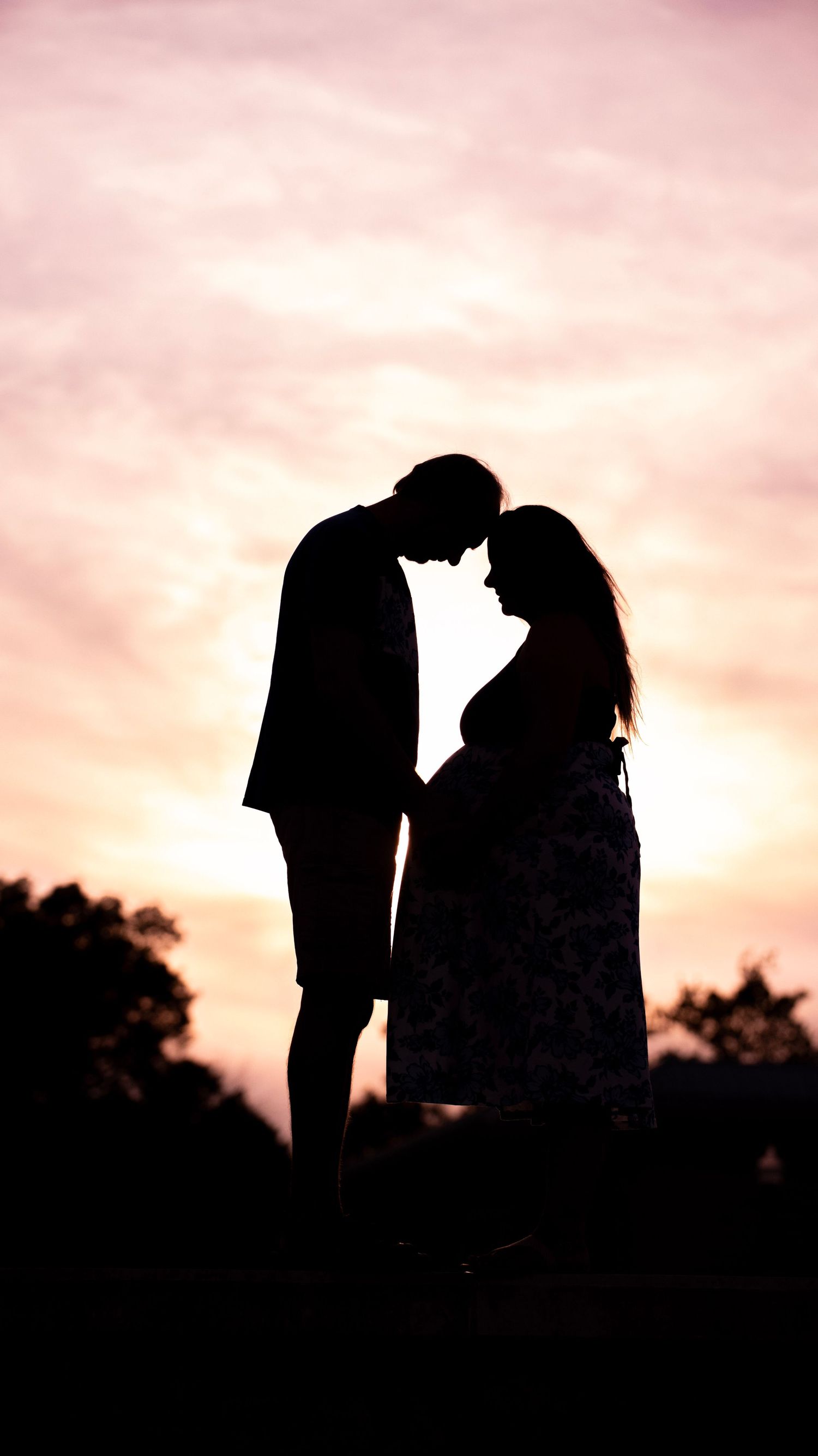 Silhouetted couple poses together during sunset creating romantic shadows against pink sky.