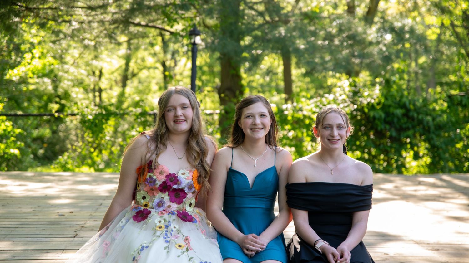 Group photo series outdoors showing people in formal attire on wooden deck with trees in background.