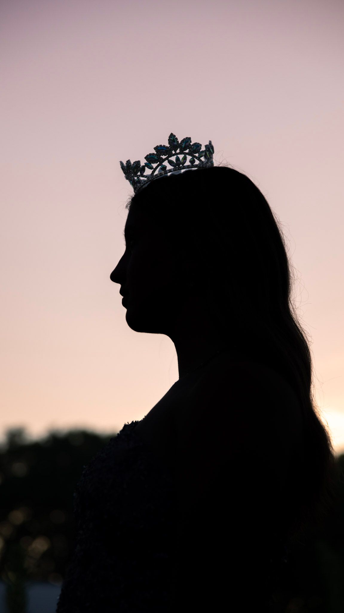 Silhouetted figure wearing a crown against sunset sky creates dramatic profile portrait.