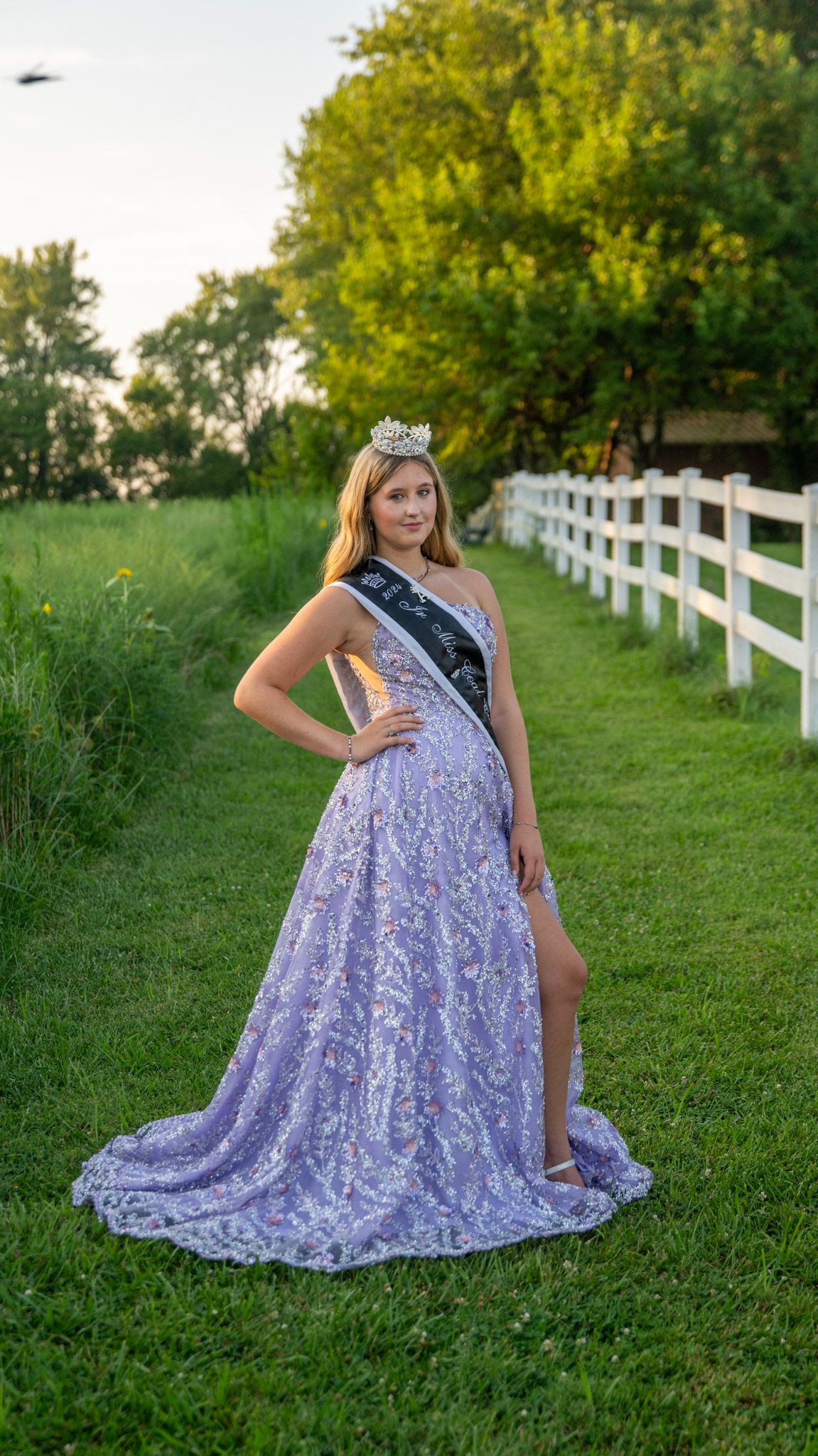 Full-length formal portrait in a flowing purple gown near a rustic fence.
