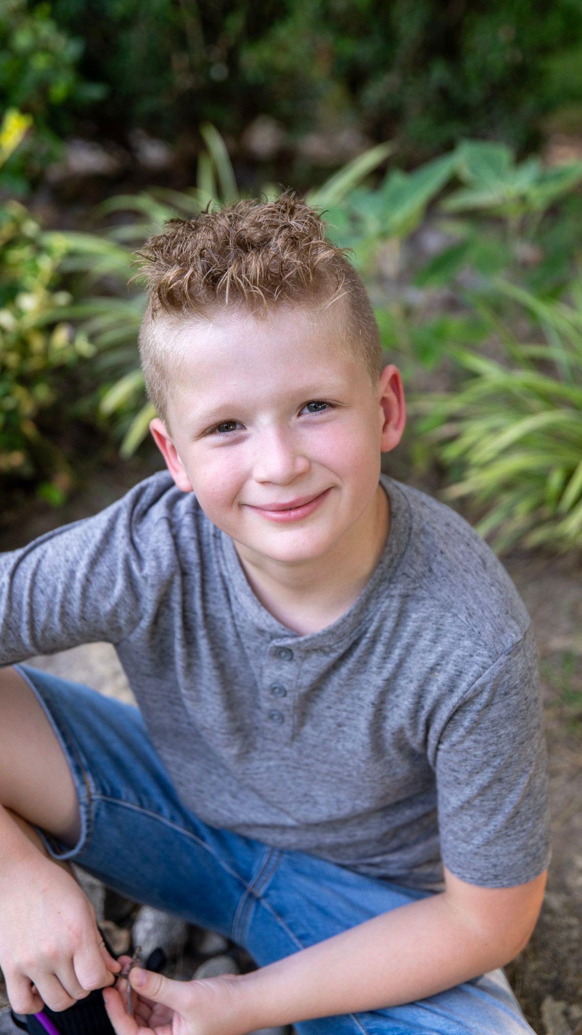 A series of casual outdoor portrait shots against a natural green background.