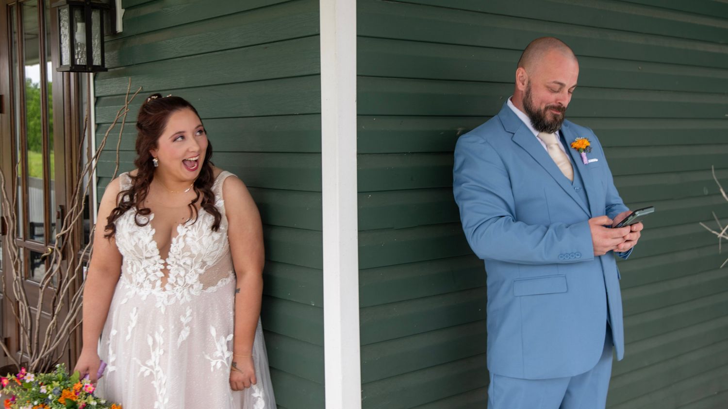 Wedding photo sequence against green siding with white trim.