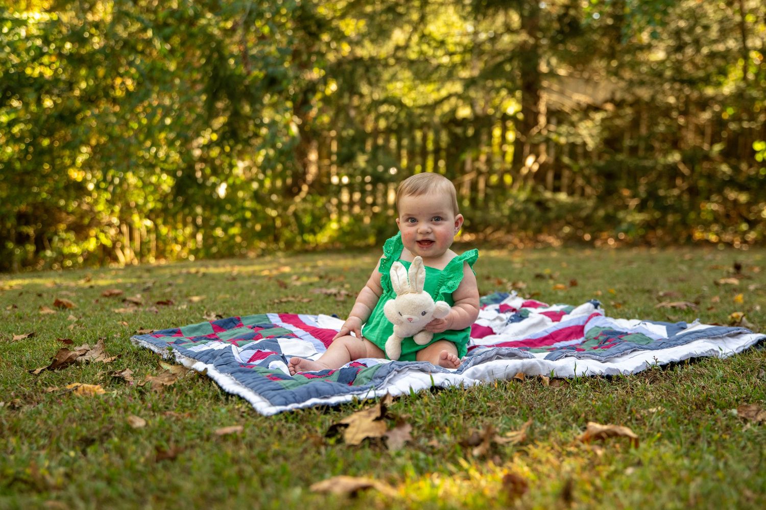 Series of outdoor photos showing baby on blanket with golden sunlight filtering through trees.