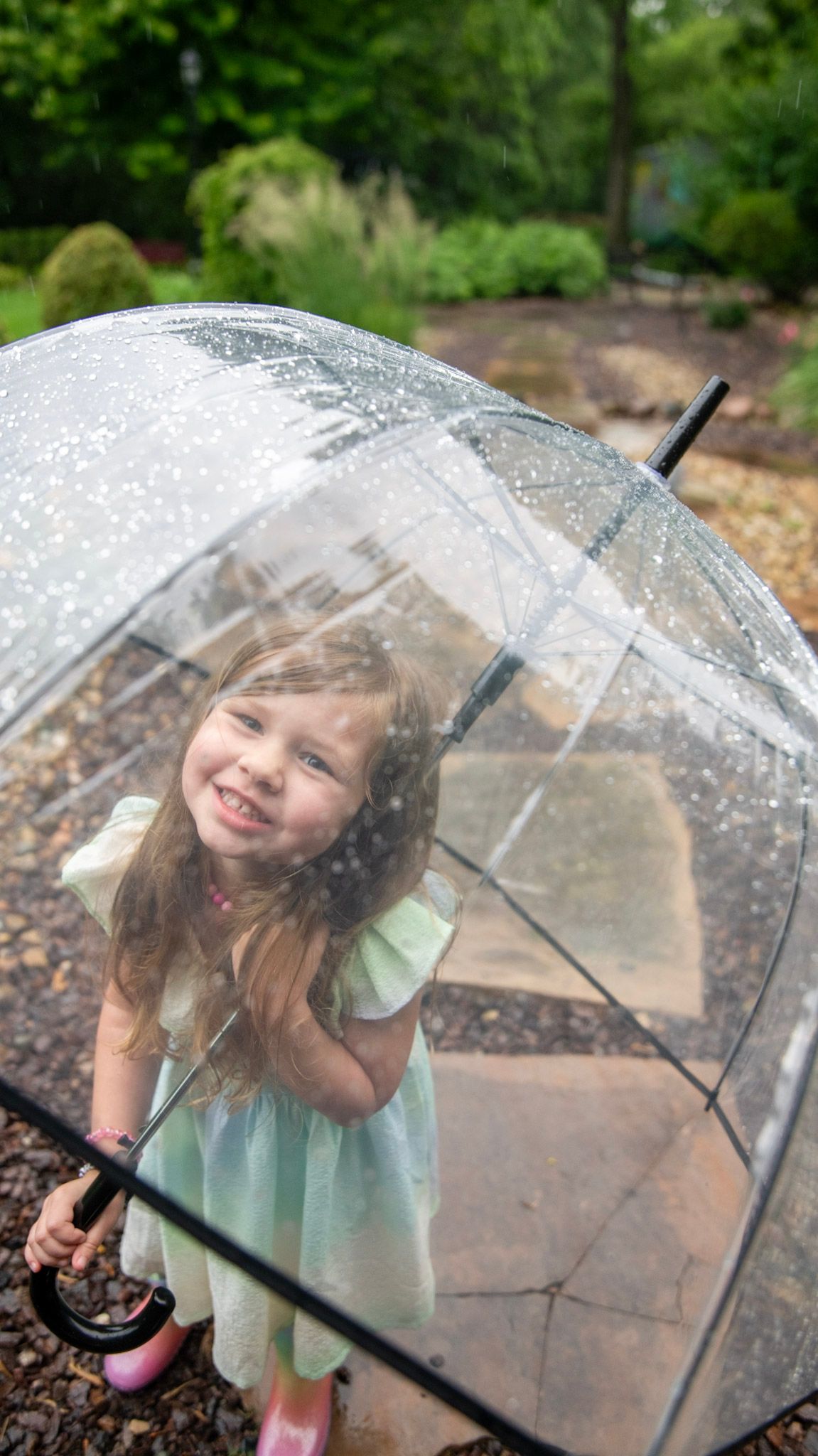 Clear umbrella protecting from rain in a lush garden setting.