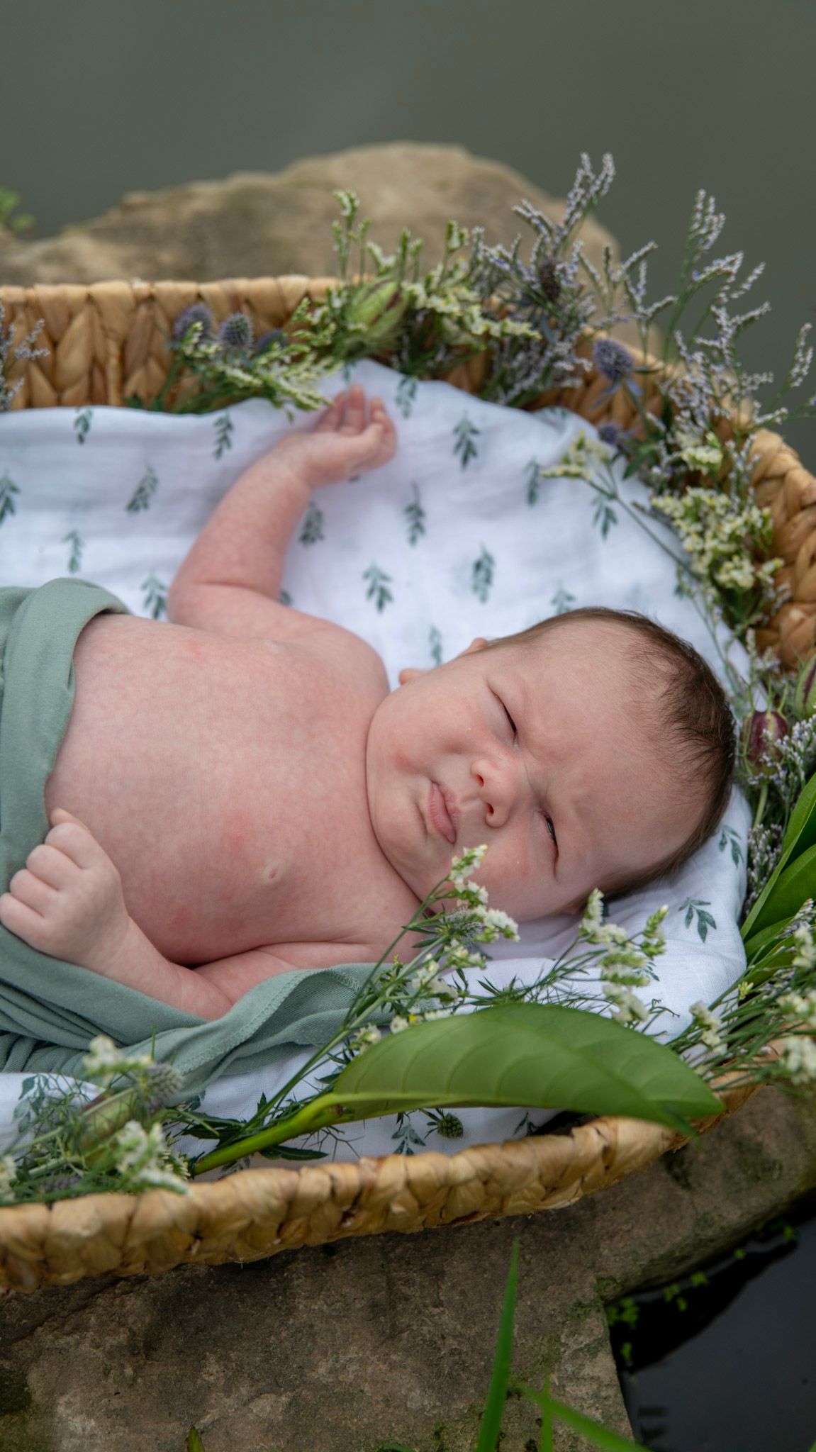 A peaceful sleeping newborn lies in a basket surrounded by delicate flowers and greenery.