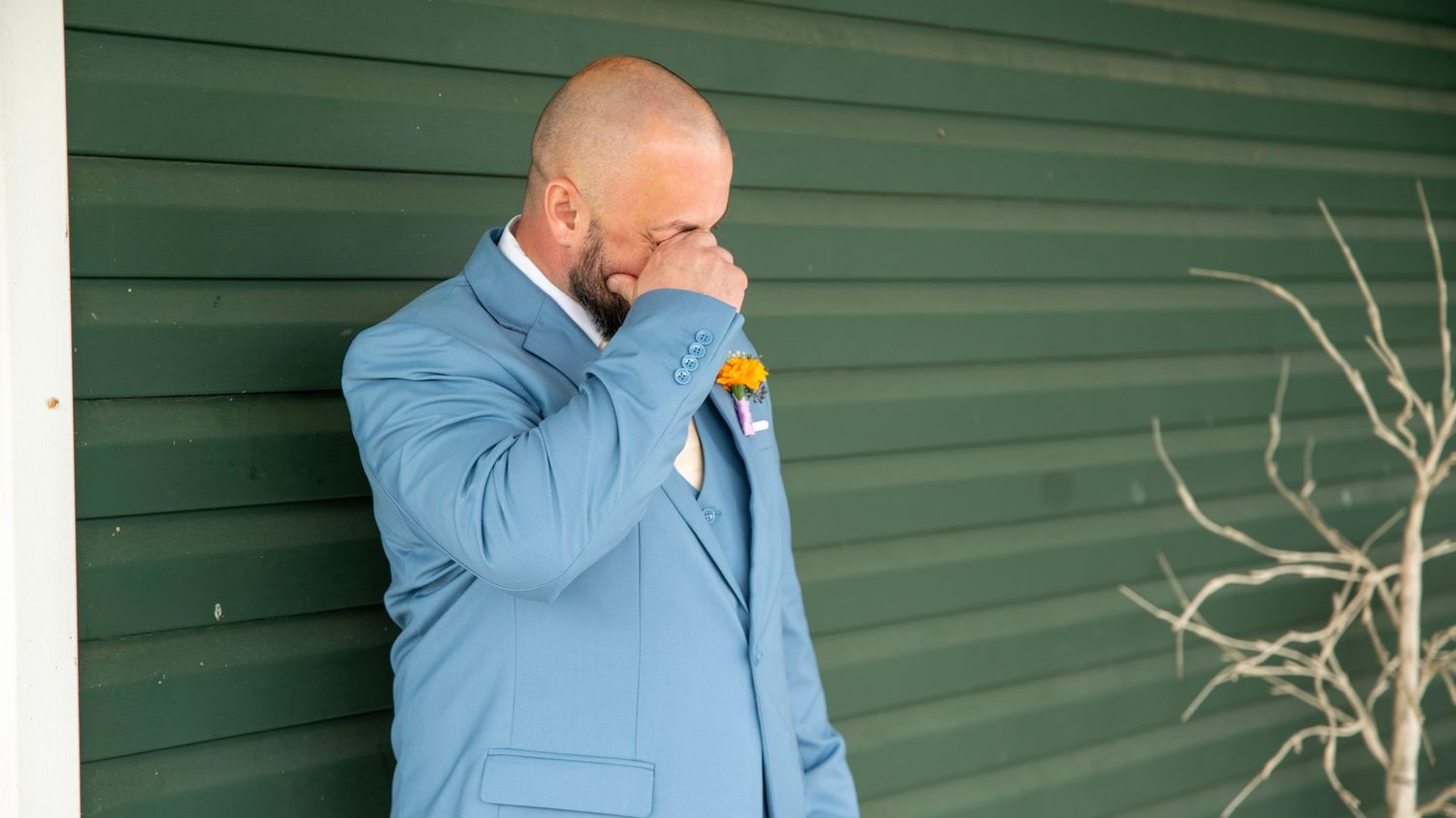 Series of emotional first look moments on a green porch.