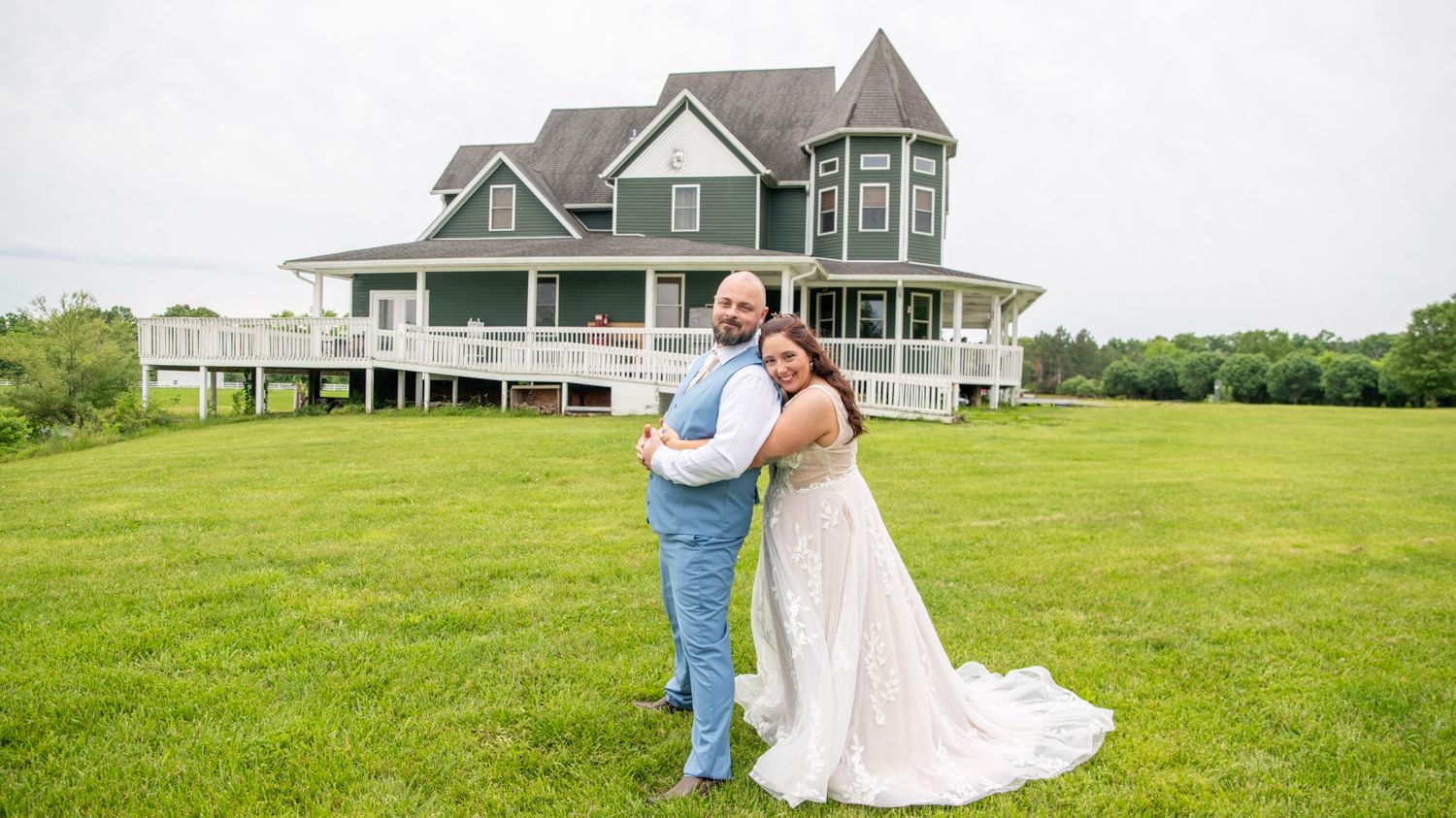 A collection of wedding photos showing a couple in a scenic outdoor setting with rolling hills and farmland.