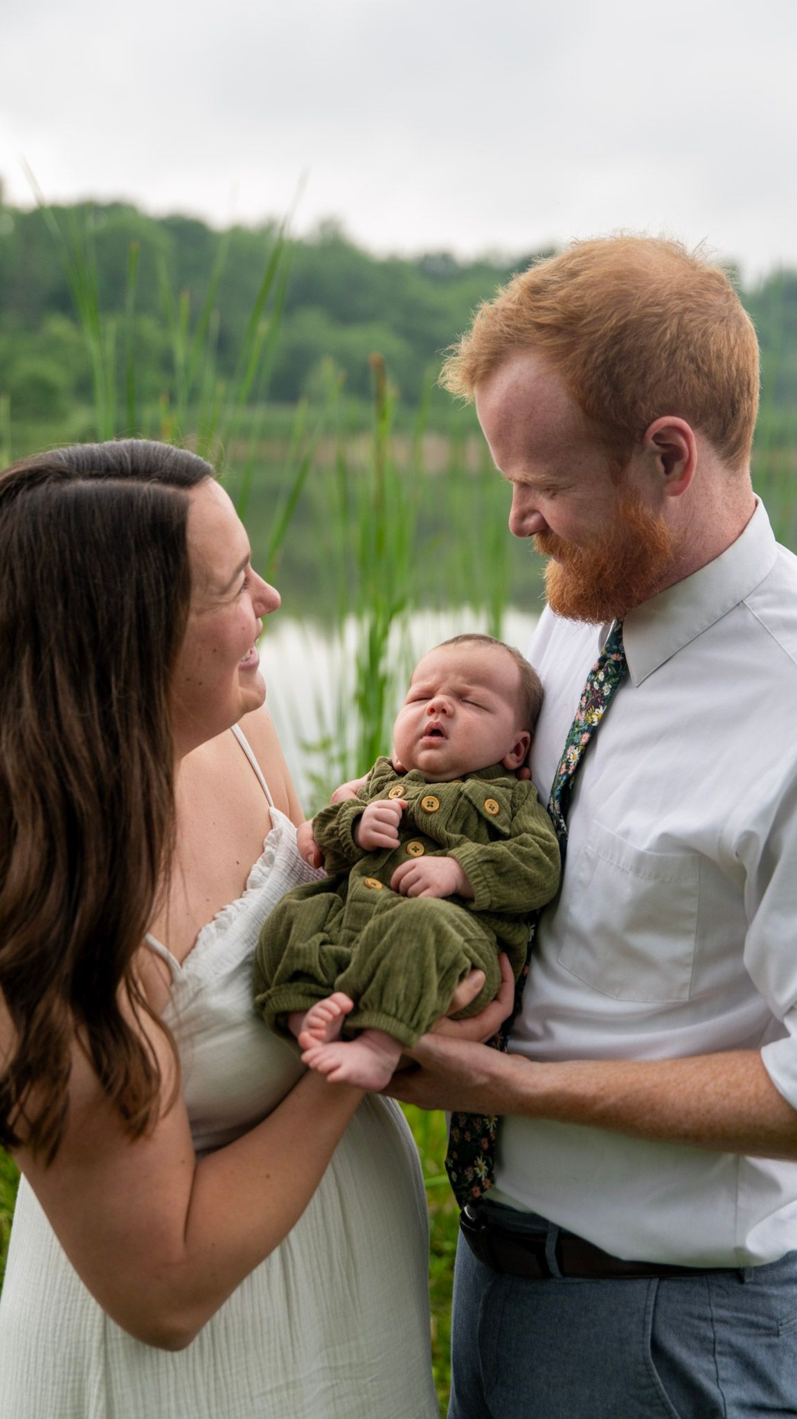A series of candid family moments showing parents playing with their baby outdoors.