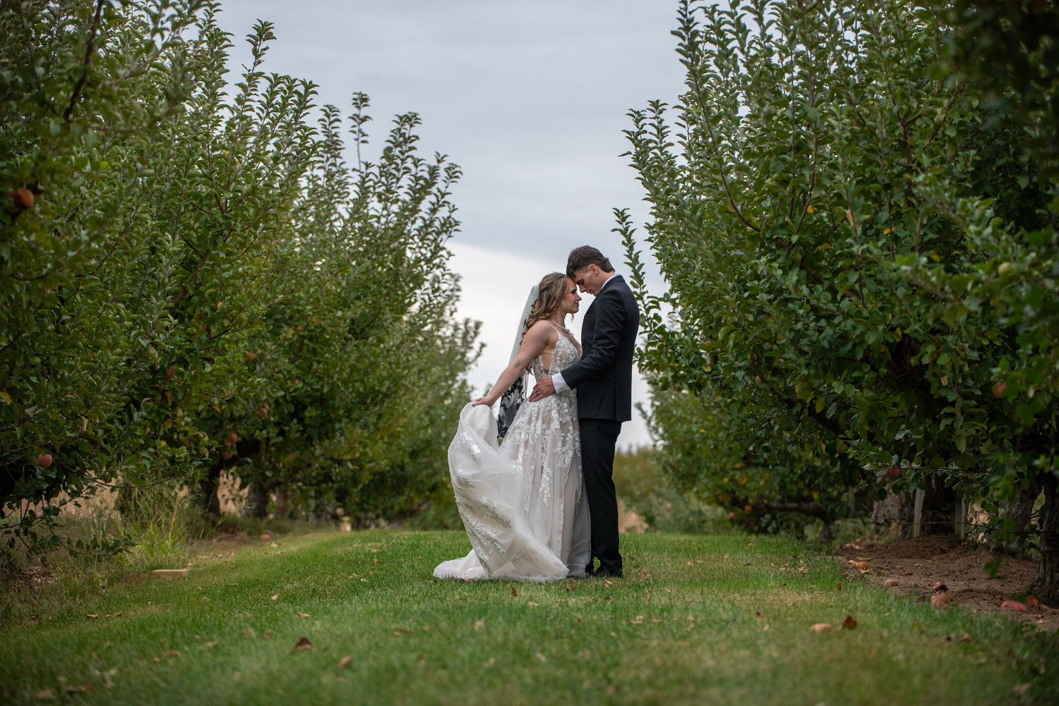 Wedding photography sequence showing a couple among apple trees on their special day.