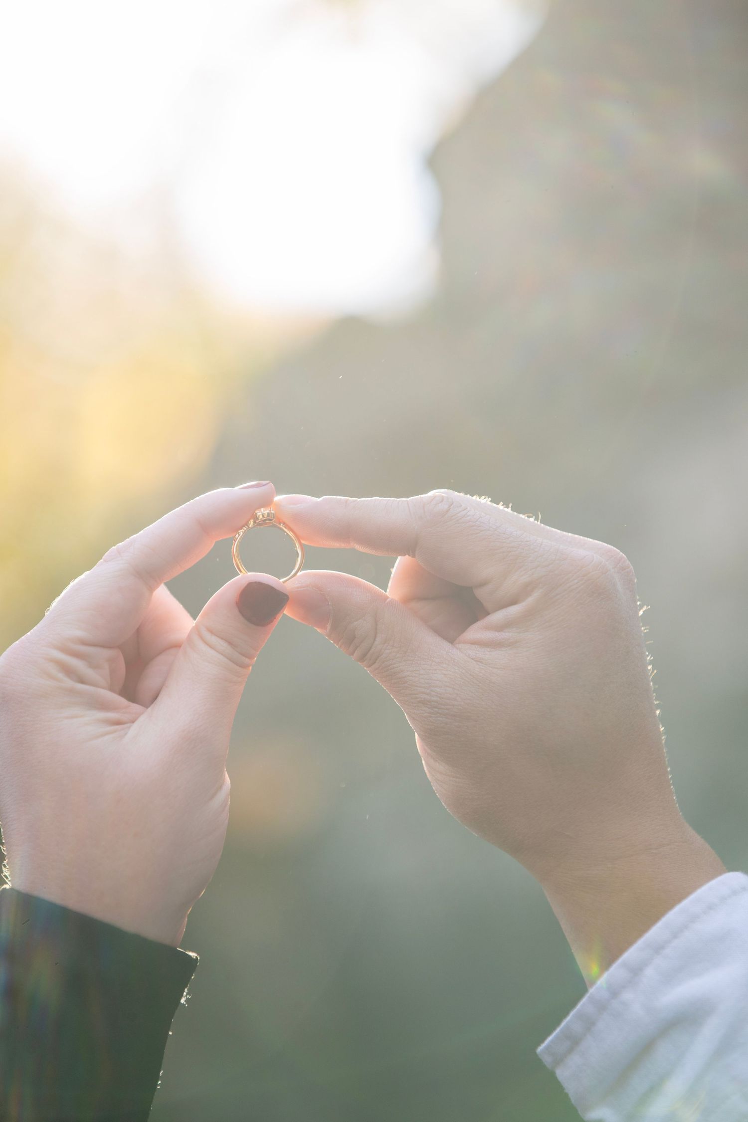 Hands reaching toward each other against a soft, sunlit background.