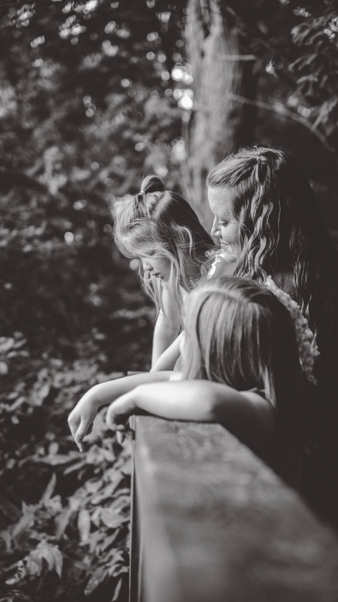 A black and white image shows people looking over a railing in nature.