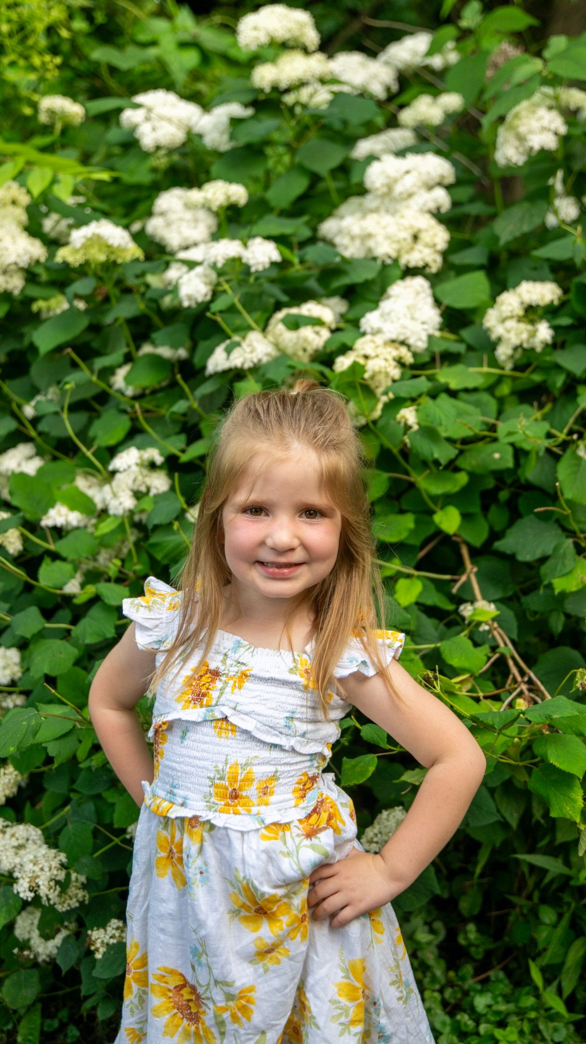 A summer portrait series against blooming white flowers and green leaves.