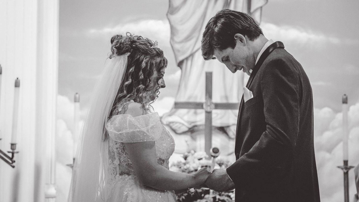 Wedding ceremony moments captured in a minimalist black and white panoramic sequence.