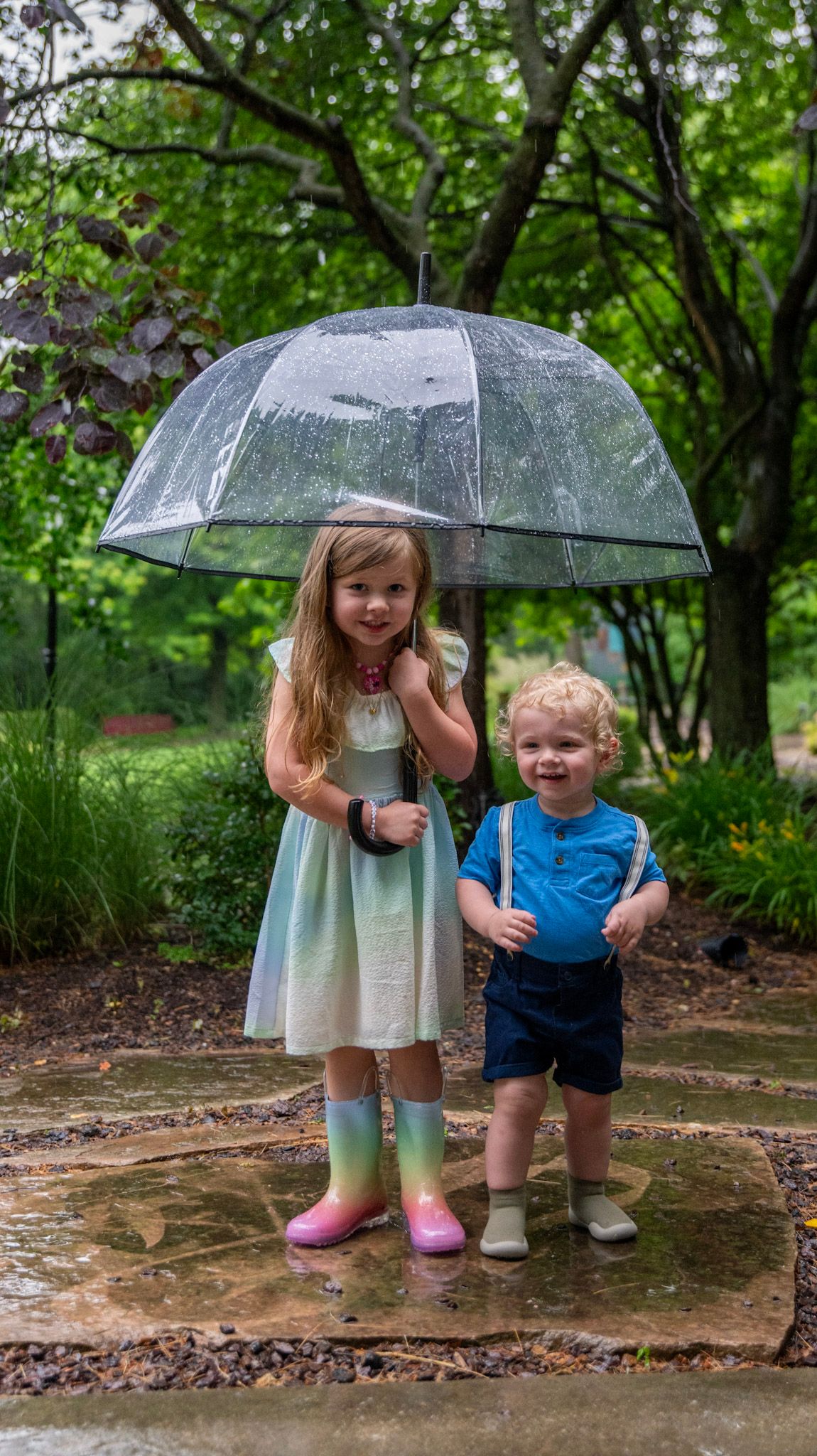 Two children standing under a clear umbrella in a lush garden setting.