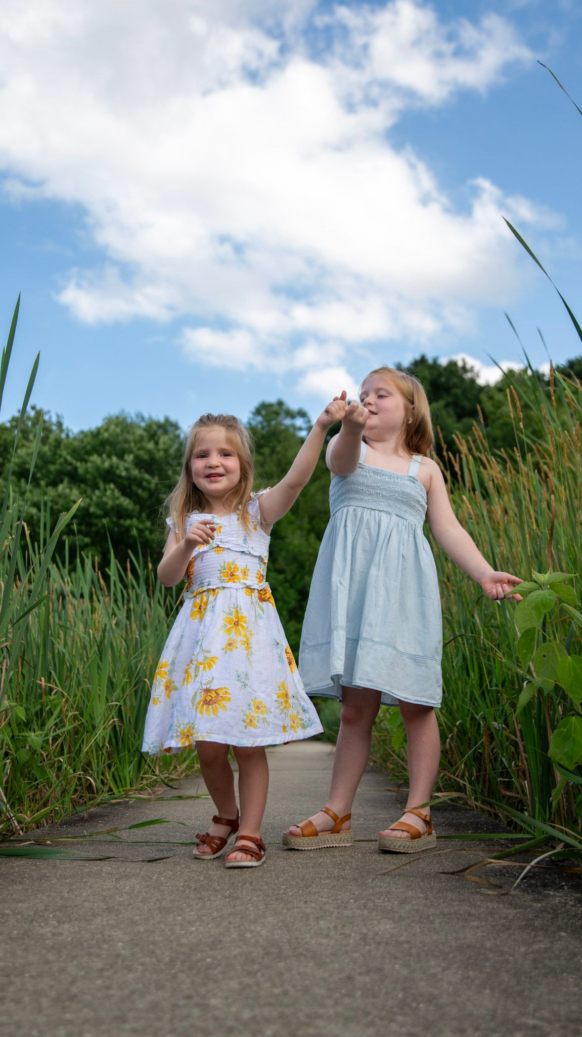 Two people walking together on a path surrounded by tall grass under blue skies.