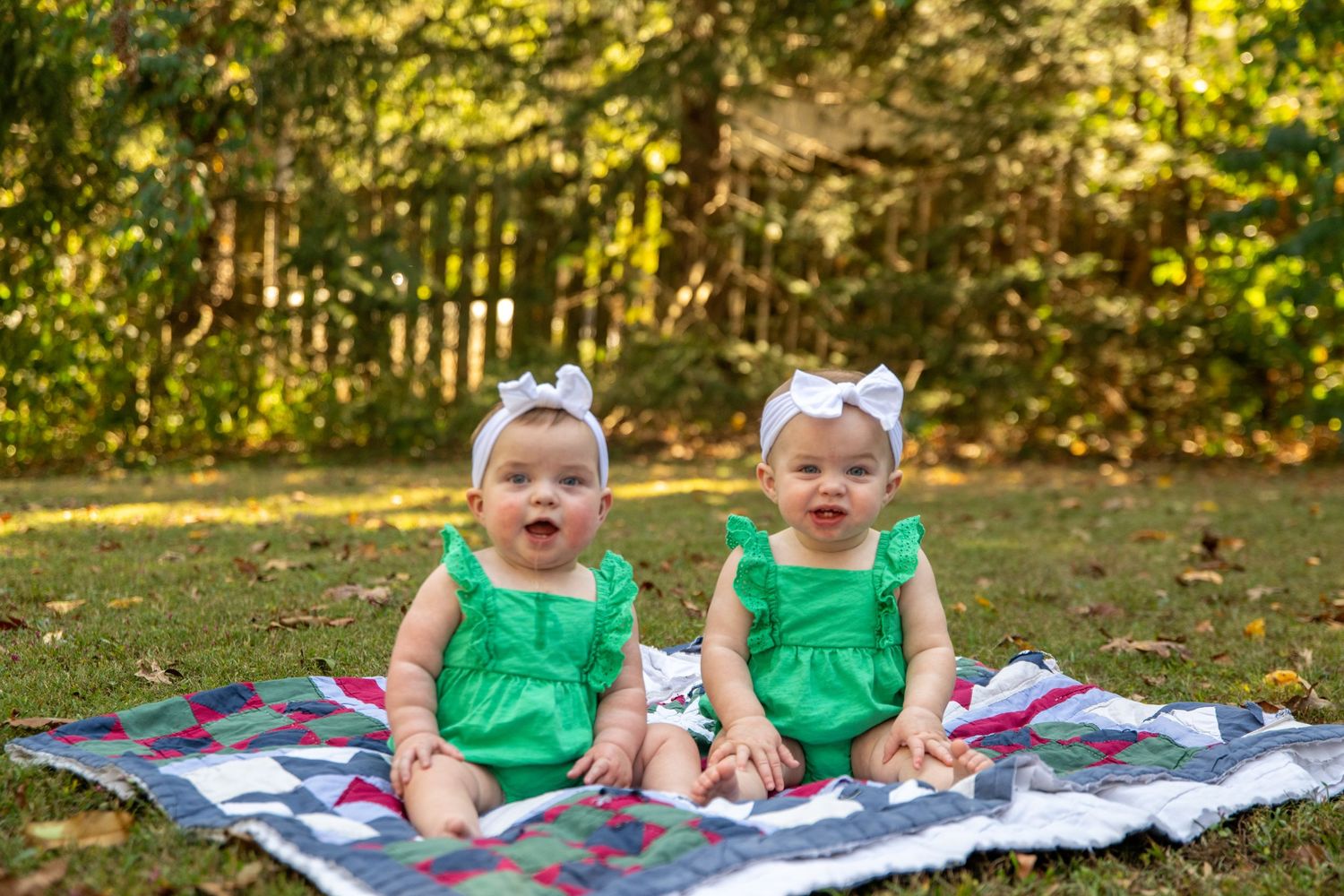 Twin babies in matching green outfits sitting on a picnic blanket in a sunny garden.