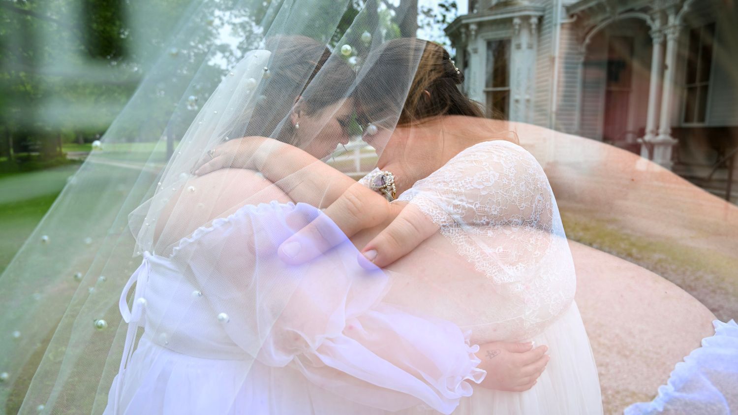 A series of soft focus close-up shots showing details of white lace and fabric.