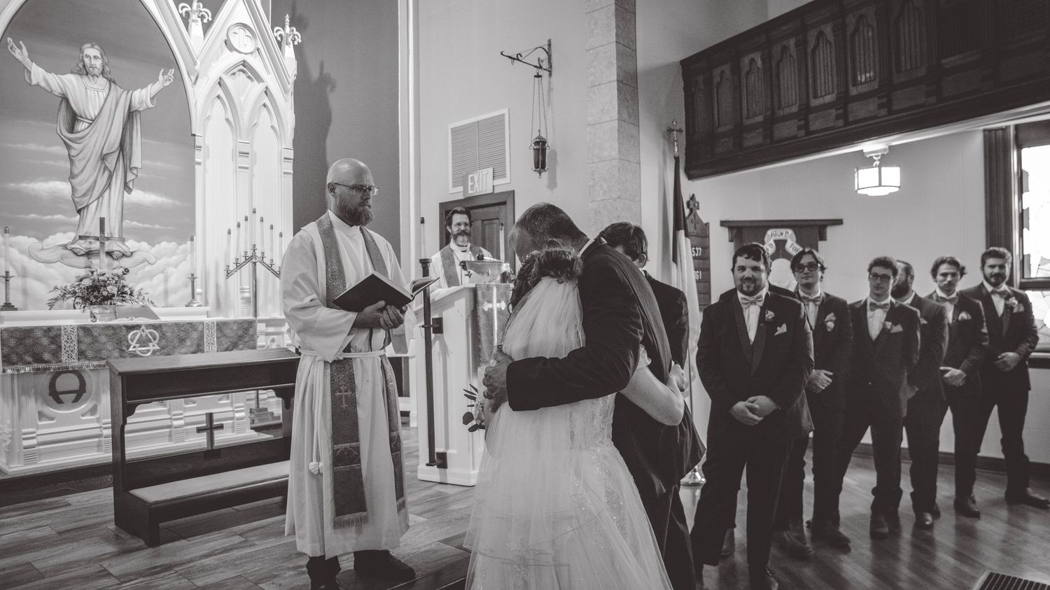 Wedding ceremony progression shown in a series of wide-angle church interior shots.