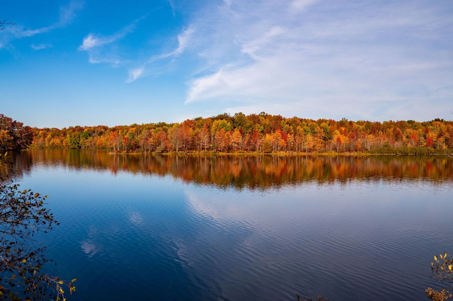 Panoramic view of a calm lake surrounded by vibrant autumn trees with orange and red foliage reflecting on the water.