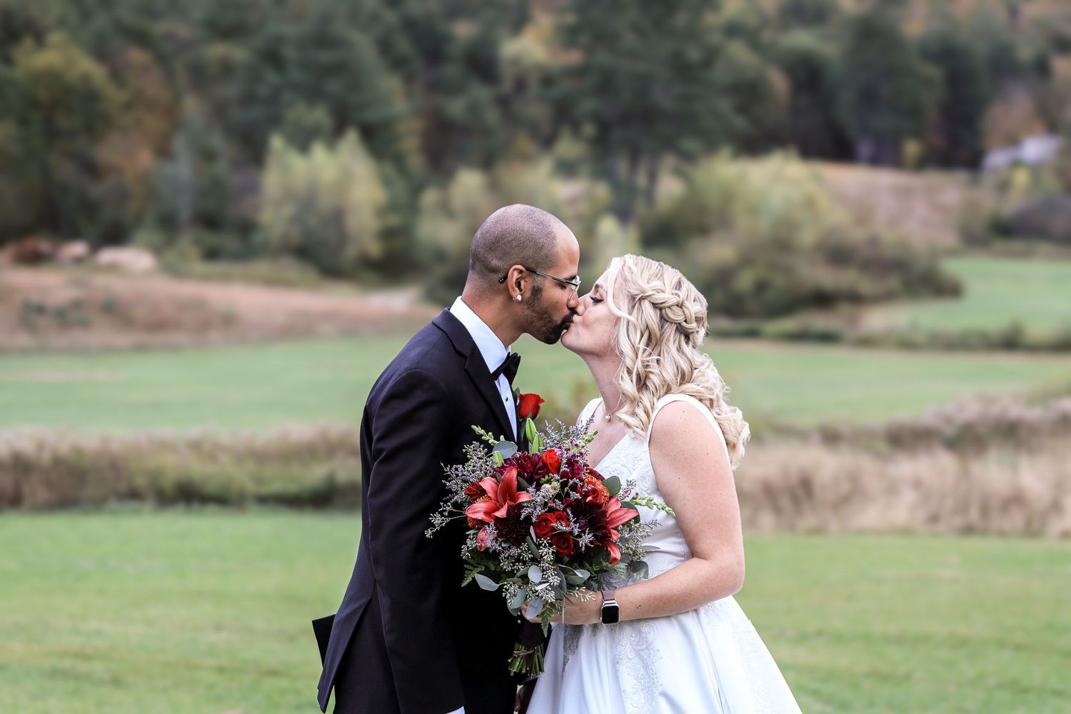 A romantic outdoor wedding photoshoot showing multiple candid moments in a natural setting.