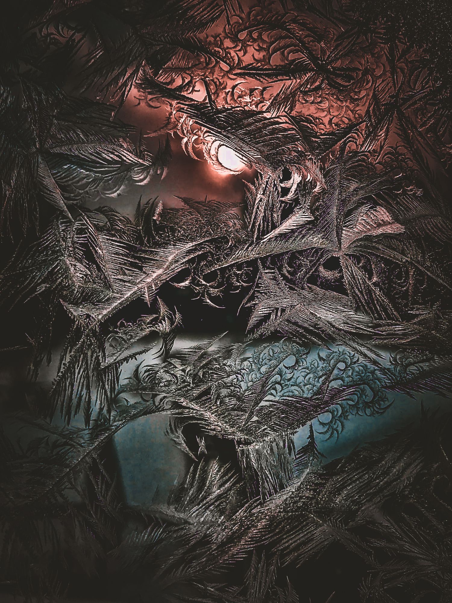Abstract dark artwork with red and blue tones showing twisted branches against mysterious background.