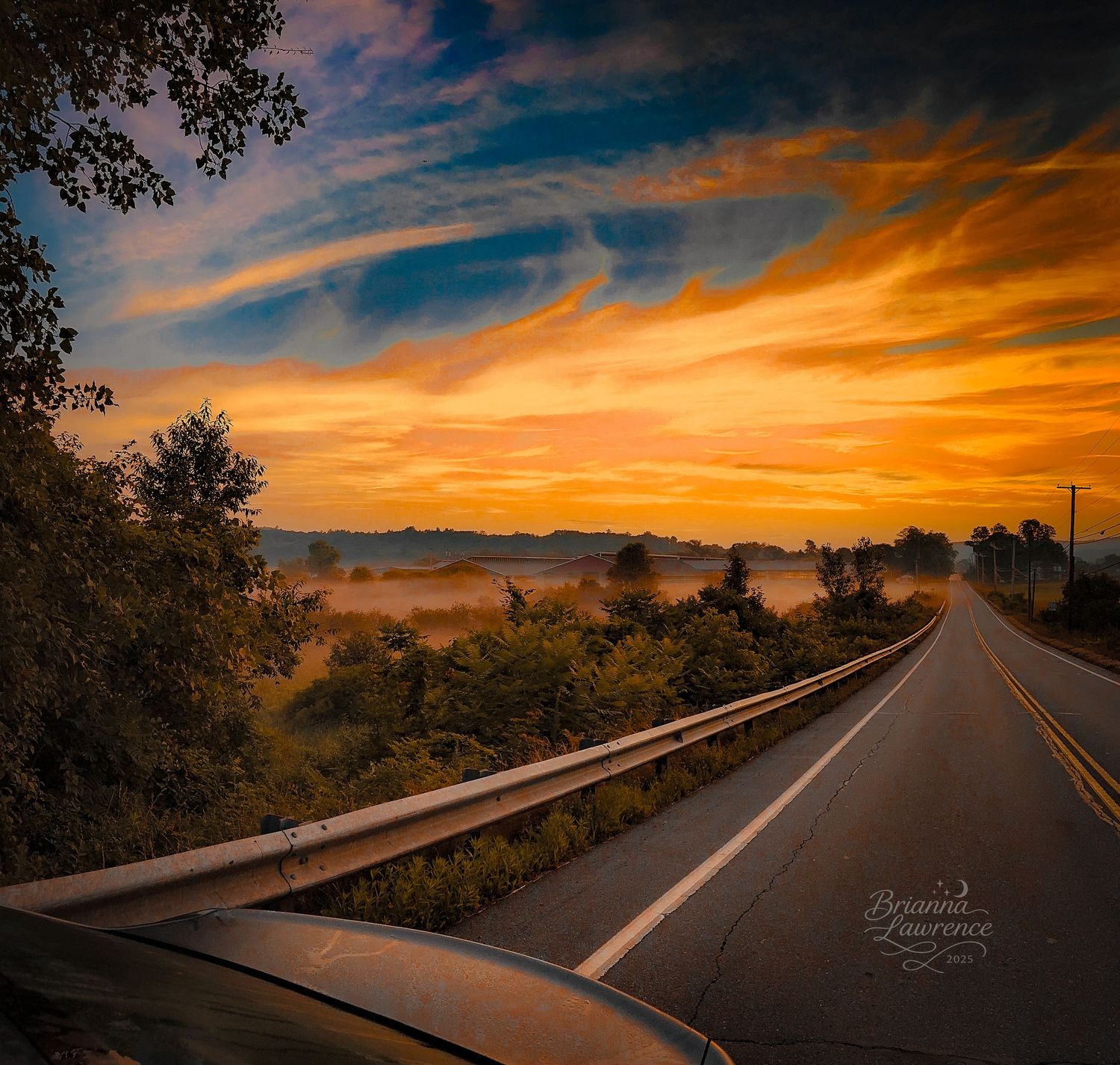 Misty country road at sunrise with golden clouds and fog rolling over the landscape.