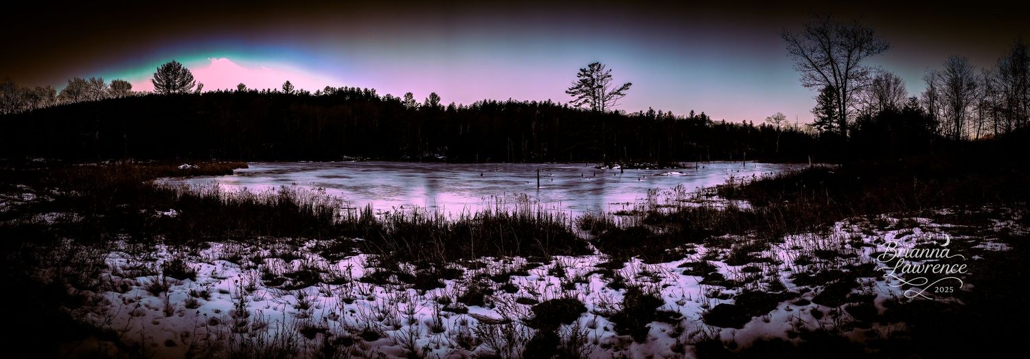 Moody winter landscape with snow-covered field under purple twilight sky.