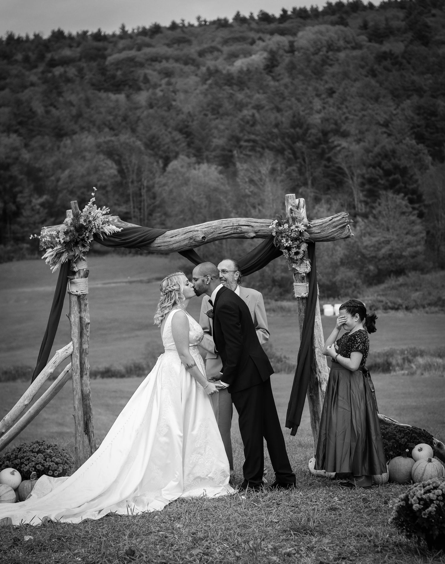 A sequence of black and white wedding photos.