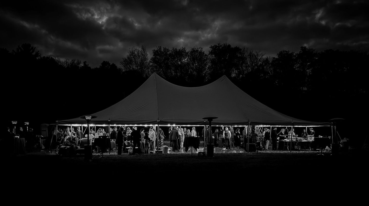 Panoramic view of evening wedding reception