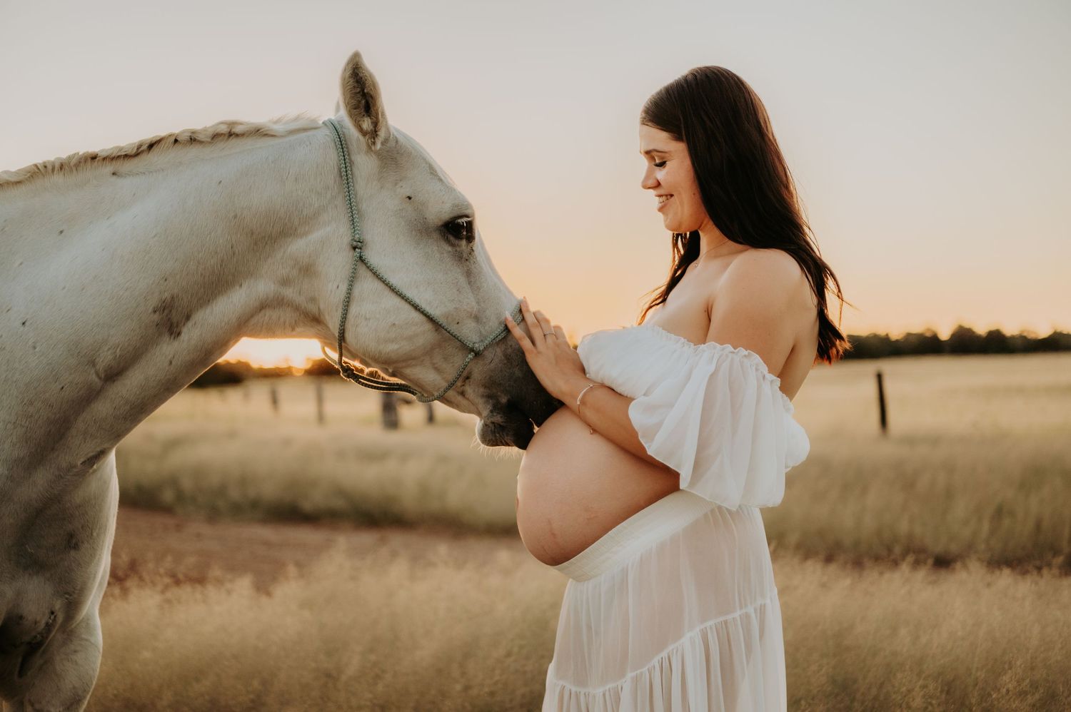 Pregnant woman in white off-shoulder dress smiling at a white horse in a golden field at sunset.