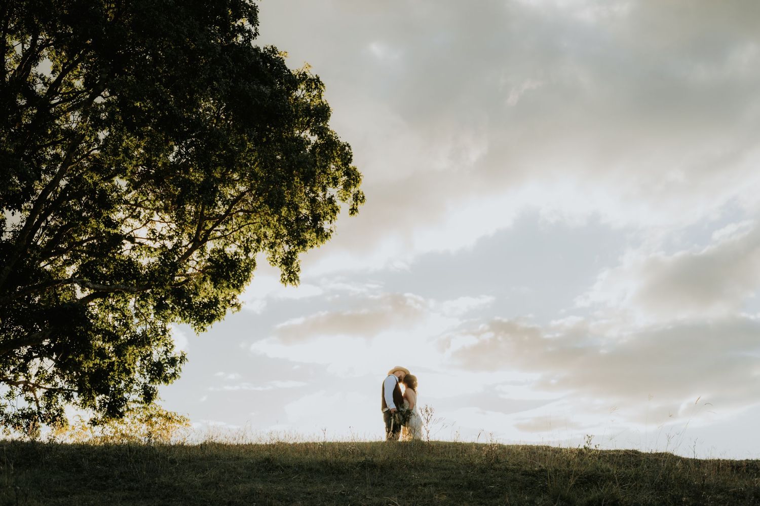 A couple shares a romantic kiss on a hilltop at golden hour, framed by a large tree and dramatic cloudy sky.