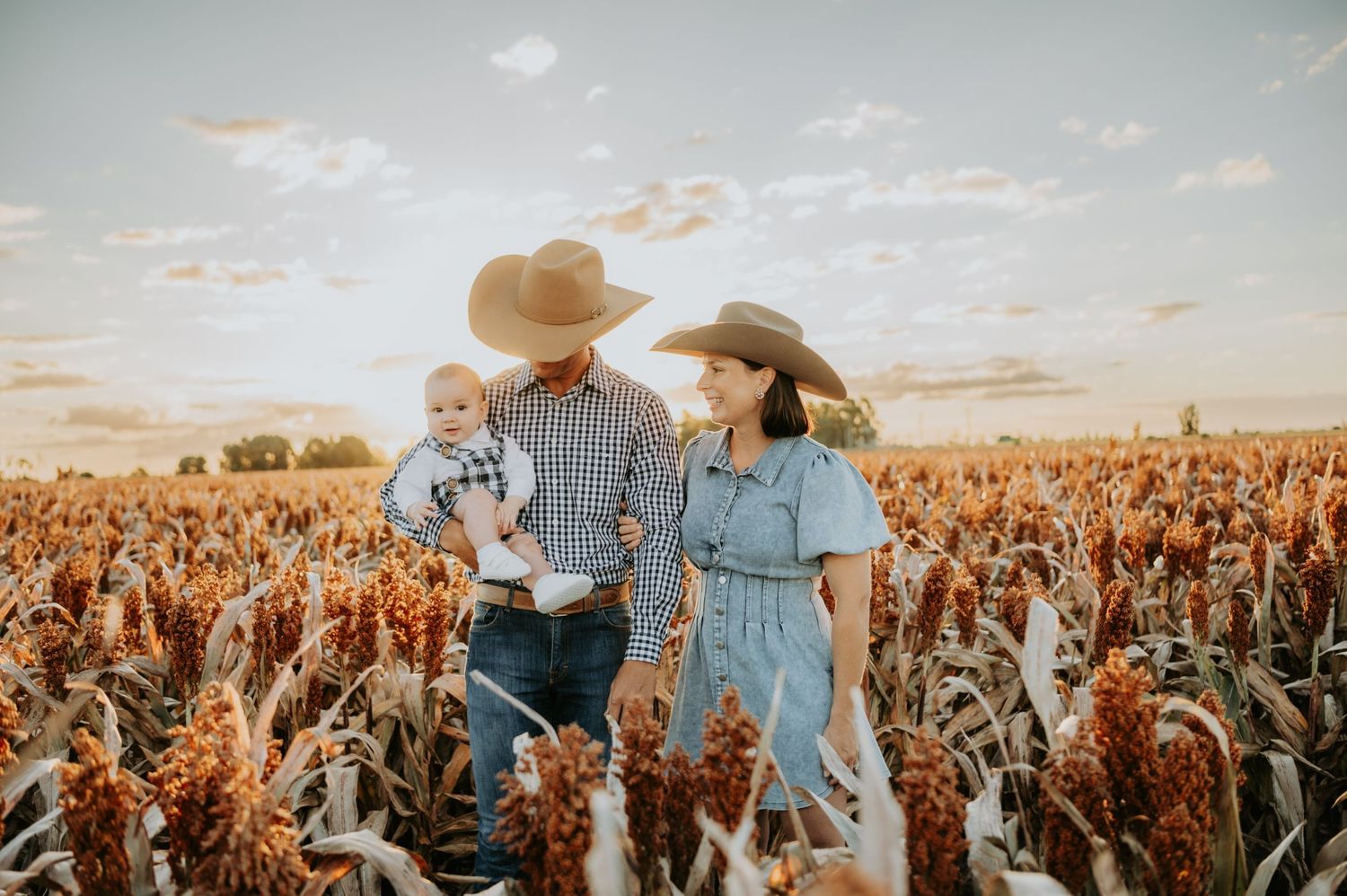 A couple in cowboy hats holds a baby in a golden sorghum field at sunset.