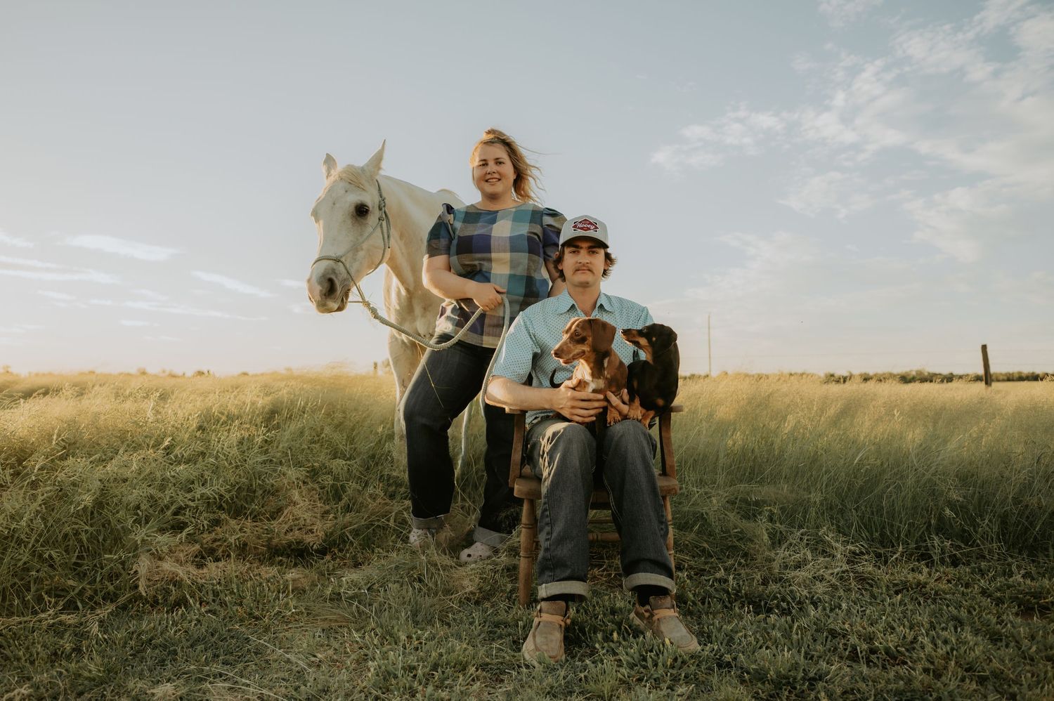A couple poses with a white horse in a grassy field during golden hour.