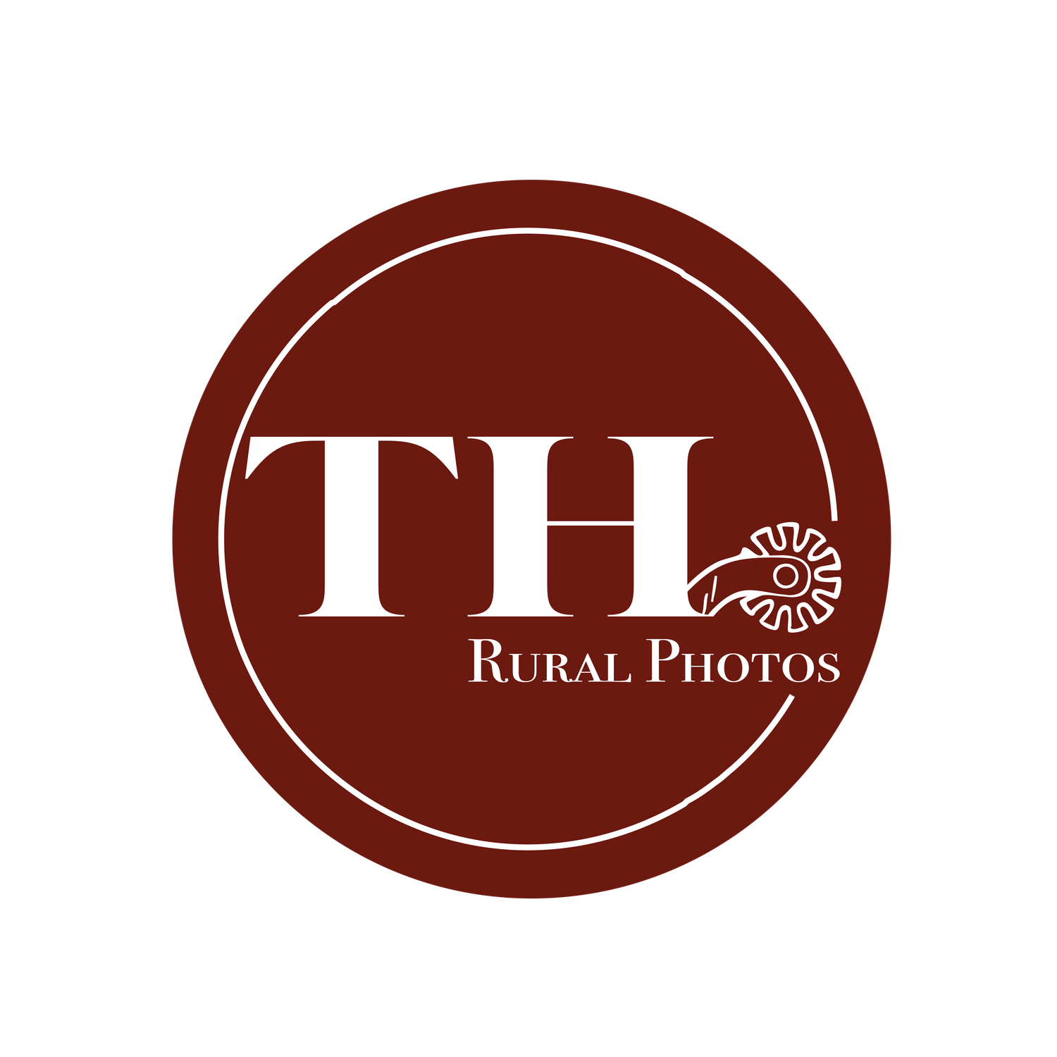 TH Rural Photos logo featuring white initials on a dark red circle with elegant typography and a floral accent.