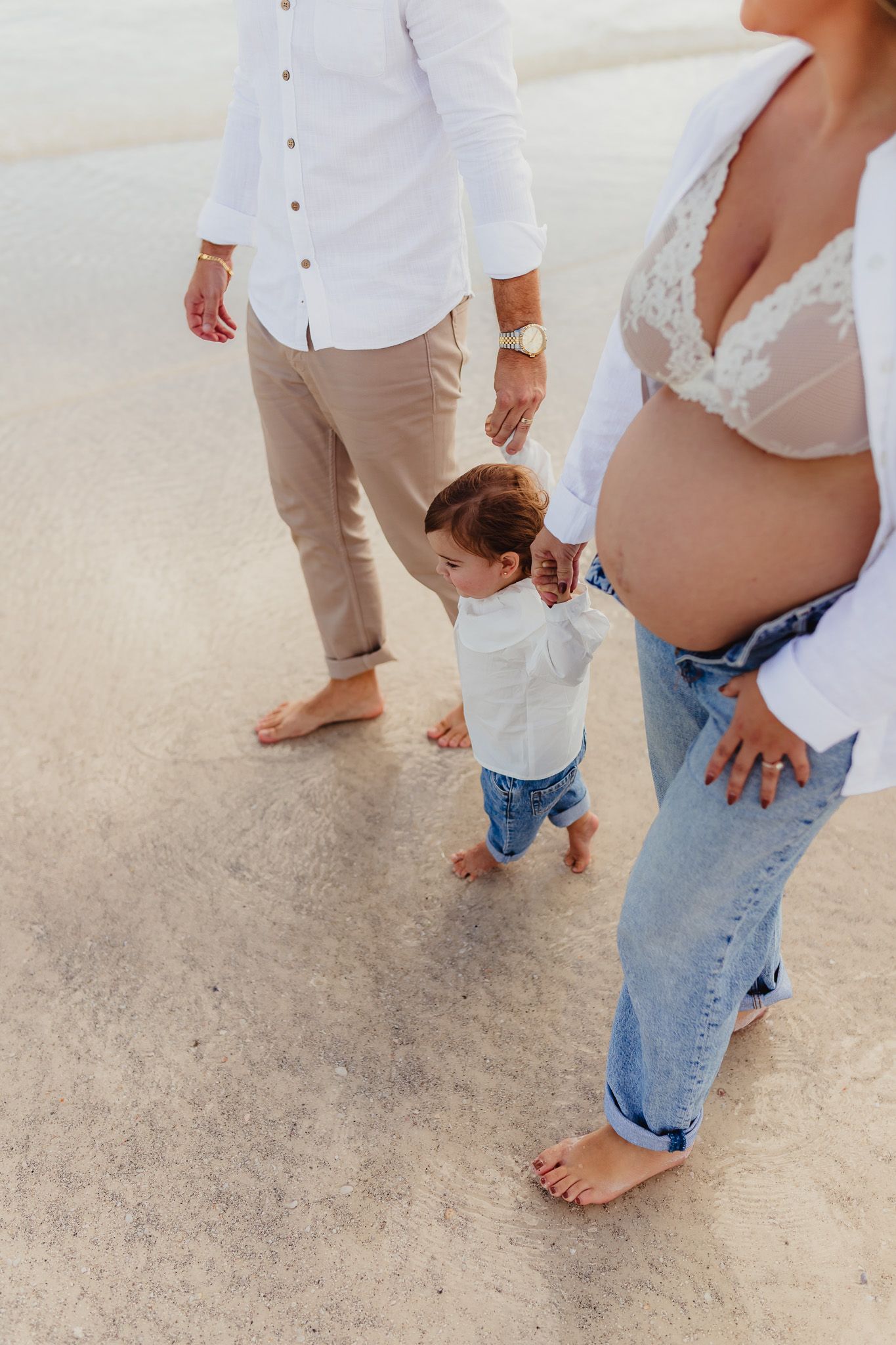 open belly, beach maternity, family of 3, jeans, Parrish, siesta key, lido beach, sarasota photographer